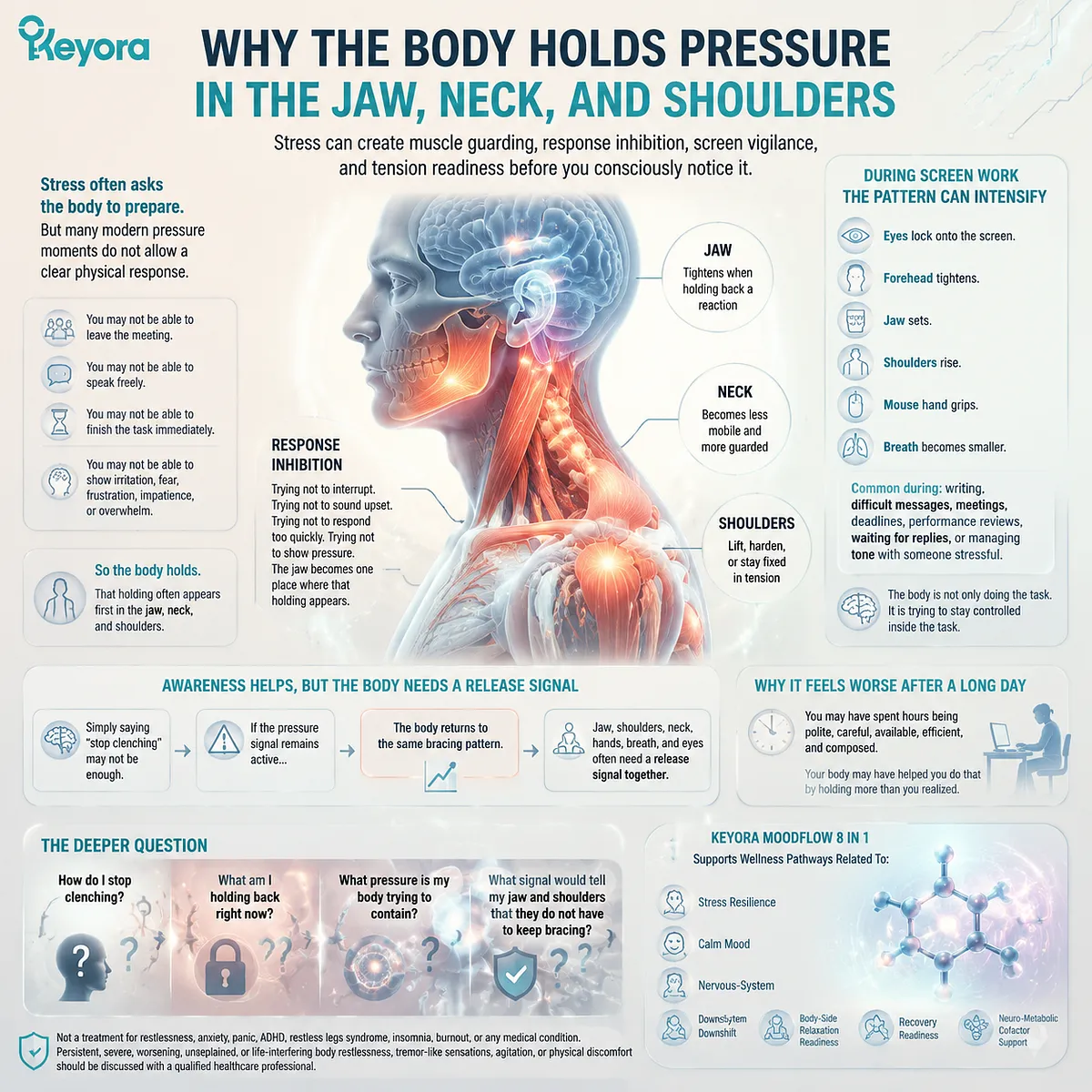 Jaw neck shoulder tightness from stress-induced muscle guarding and HPA-axis activation, linked to response inhibition and screen vigilance patterns in Keyora MoodFlow Matrix Jaw neck shoulder tightness from stress-induced muscle guarding and HPA-axis activation, linked to response inhibition and screen vigilance patterns in Keyora MoodFlow Matrix