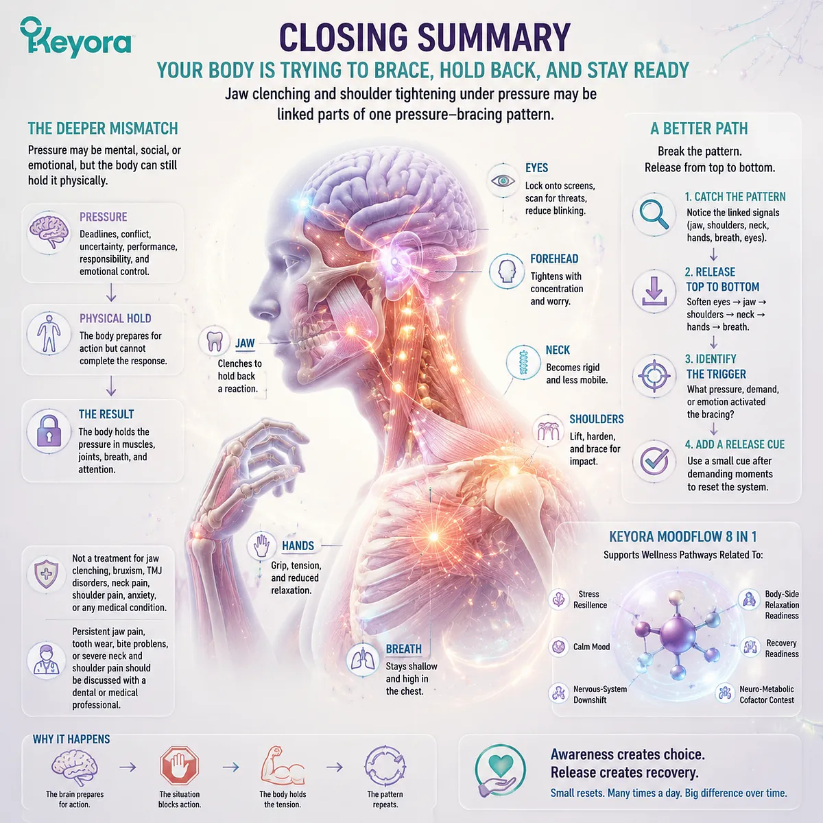 Jaw clenching and shoulder tightness from stress-related HPA-axis activation and muscle guarding, linking response inhibition and posture bracing in Keyora MoodFlow 8 in 1 Matrix Jaw clenching and shoulder tightness from stress-related HPA-axis activation and muscle guarding, linking response inhibition and posture bracing in Keyora MoodFlow 8 in 1 Matrix