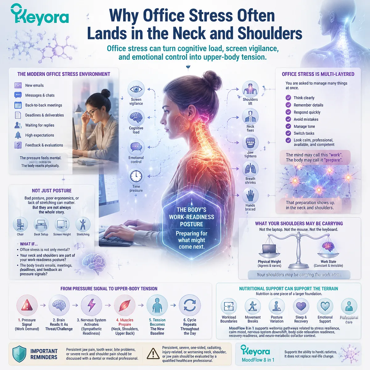 Office stress neck and shoulder tension from cognitive load, screen vigilance and HPA-axis activation, creating upper-body muscle guarding in Keyora MoodFlow Matrix Office stress neck and shoulder tension from cognitive load, screen vigilance and HPA-axis activation, creating upper-body muscle guarding in Keyora MoodFlow Matrix