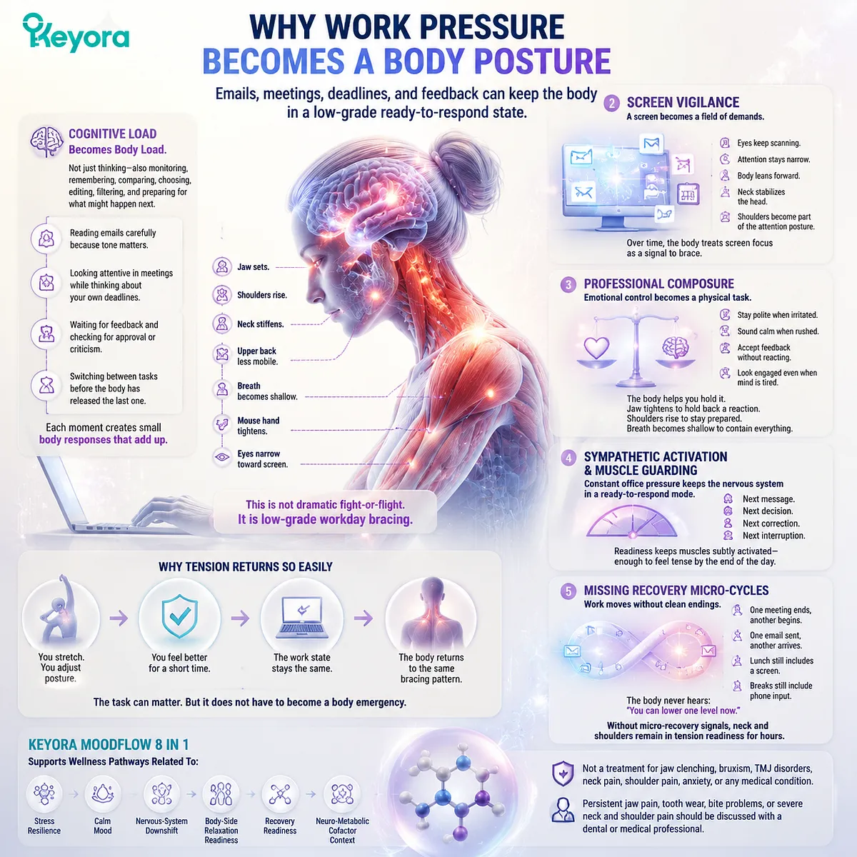 Office work pressure neck and shoulder tension from cognitive load, screen vigilance and sympathetic activation, creating muscle guarding and posture bracing in Keyora MoodFlow Matrix Office work pressure neck and shoulder tension from cognitive load, screen vigilance and sympathetic activation, creating muscle guarding and posture bracing in Keyora MoodFlow Matrix