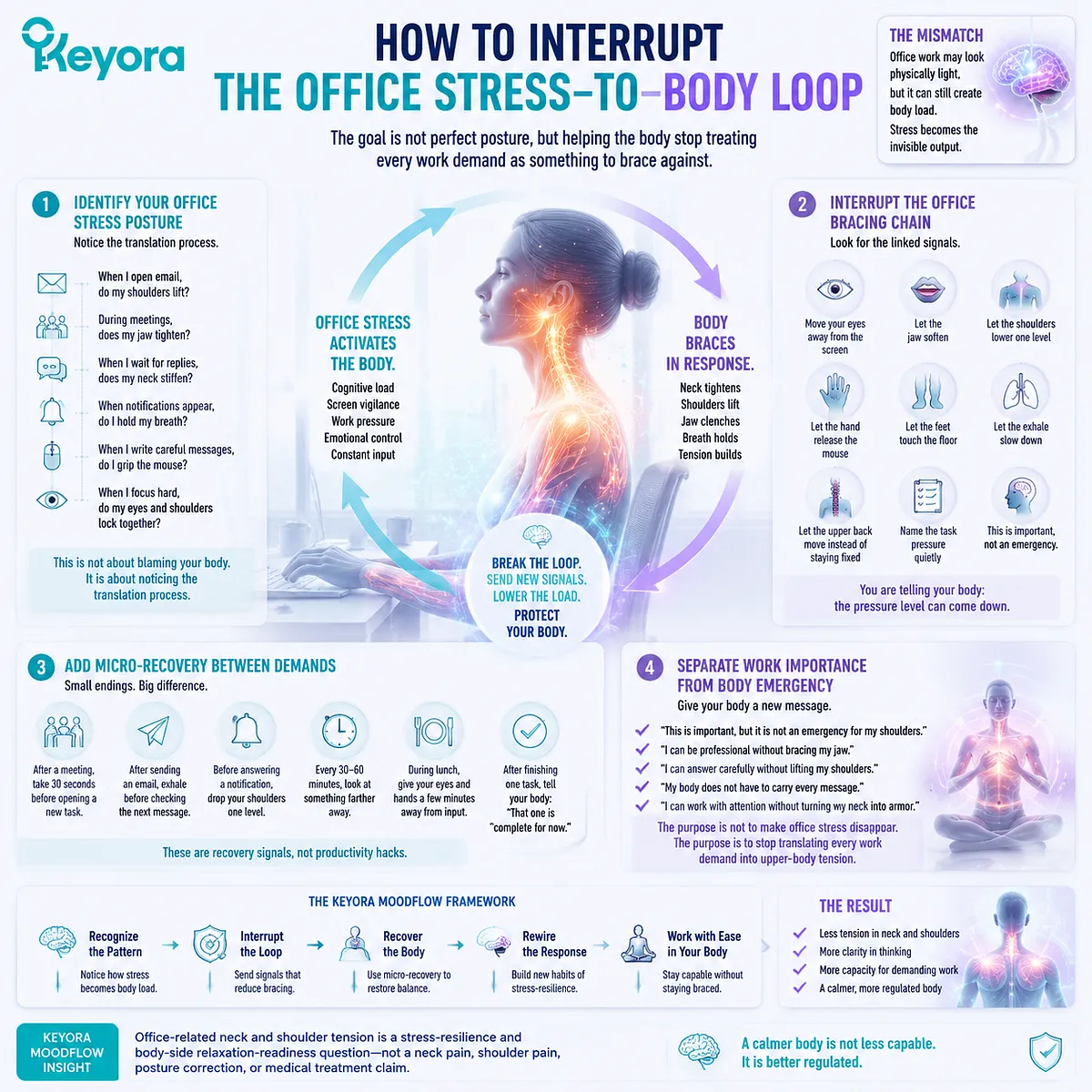 Office stress posture neck shoulder tension from cognitive load and screen vigilance, interrupted via micro-recovery and muscle guarding reset in Keyora MoodFlow Matrix Office stress posture neck shoulder tension from cognitive load and screen vigilance, interrupted via micro-recovery and muscle guarding reset in Keyora MoodFlow Matrix