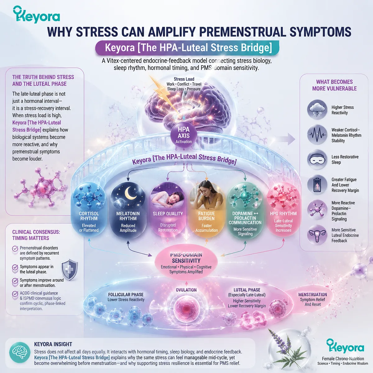 Stress amplifies PMS symptoms via HPA-axis stress response and cortisol–melatonin rhythm disruption, reducing sleep quality and mood stability in luteal phase within Keyora HPA-Luteal Stress Bridge Stress amplifies PMS symptoms via HPA-axis stress response and cortisol–melatonin rhythm disruption, reducing sleep quality and mood stability in luteal phase within Keyora HPA-Luteal Stress Bridge