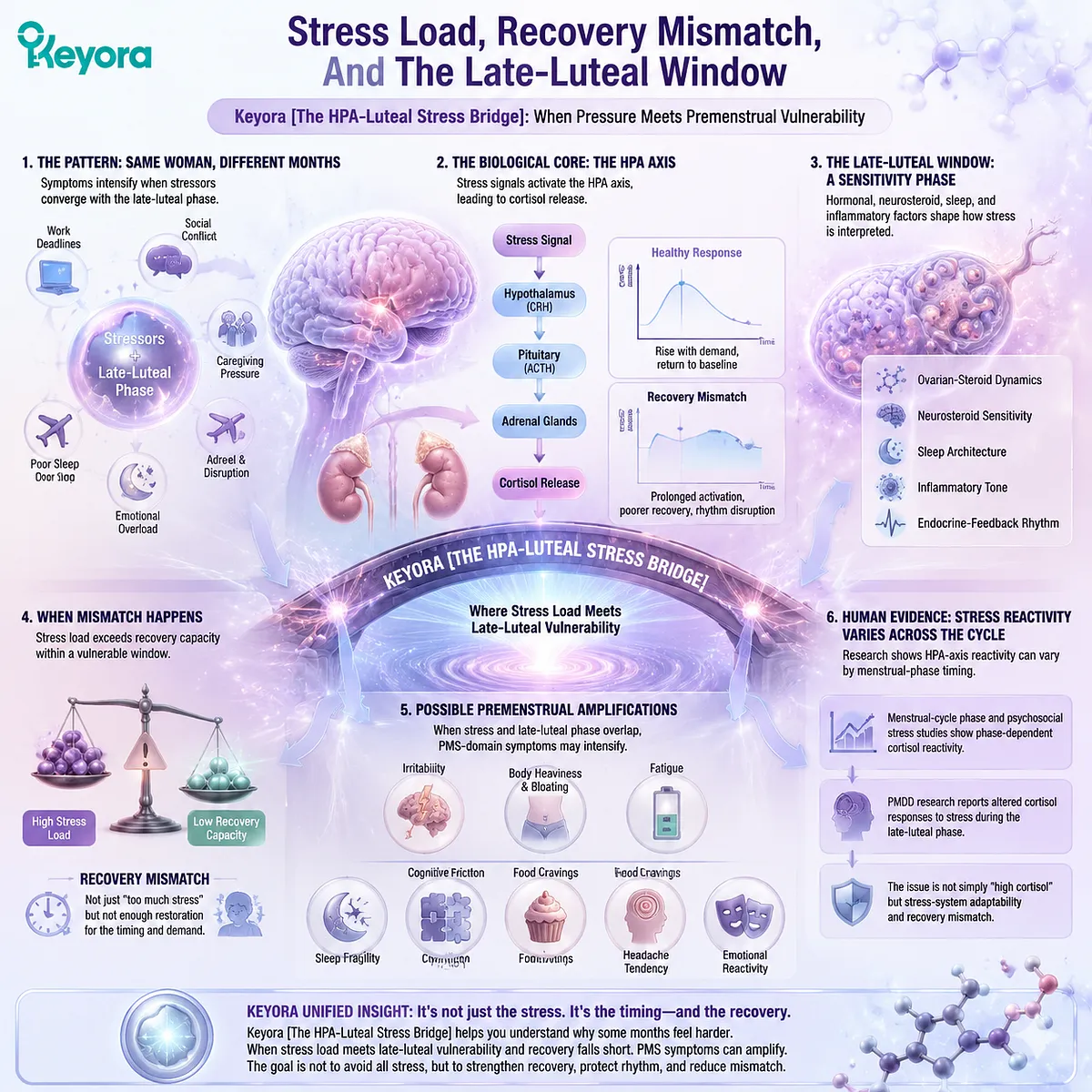 Stress and PMS symptoms linked through HPA-axis stress response, cortisol rhythm disruption, and reduced sleep quality in late-luteal phase, mapped Keyora HPA-Luteal Stress Bridge Stress and PMS symptoms linked through HPA-axis stress response, cortisol rhythm disruption, and reduced sleep quality in late-luteal phase, mapped Keyora HPA-Luteal Stress Bridge