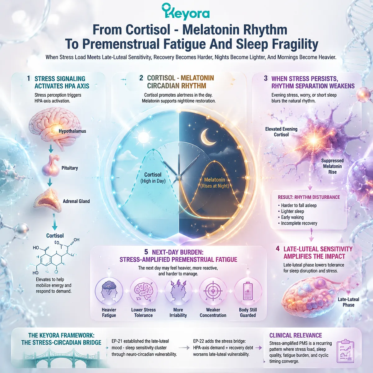Premenstrual fatigue and sleep fragility linked to cortisol–melatonin rhythm disruption and HPA-axis stress response in late-luteal phase within Keyora HPA-Luteal Stress Bridge Premenstrual fatigue and sleep fragility linked to cortisol–melatonin rhythm disruption and HPA-axis stress response in late-luteal phase within Keyora HPA-Luteal Stress Bridge