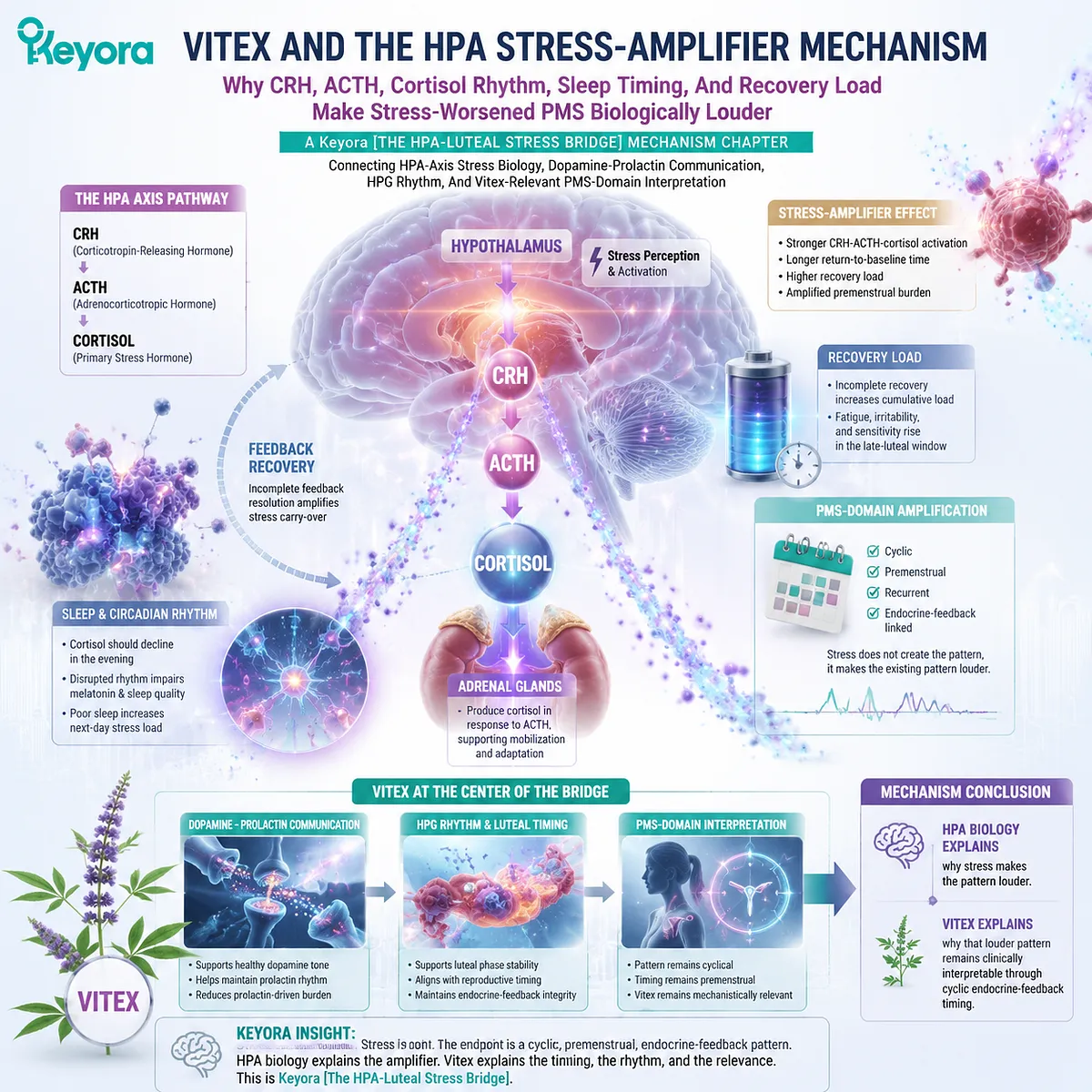 stress-worsened PMS linked to cortisol dysregulation and CRH-ACTH-cortisol signaling; Keyora HPA Stress-Amplifier (HPA-Luteal Bridge) maps dopamine-prolactin balance, HPG rhythm and luteal timing stress-worsened PMS linked to cortisol dysregulation and CRH-ACTH-cortisol signaling; Keyora HPA Stress-Amplifier (HPA-Luteal Bridge) maps dopamine-prolactin balance, HPG rhythm and luteal timing