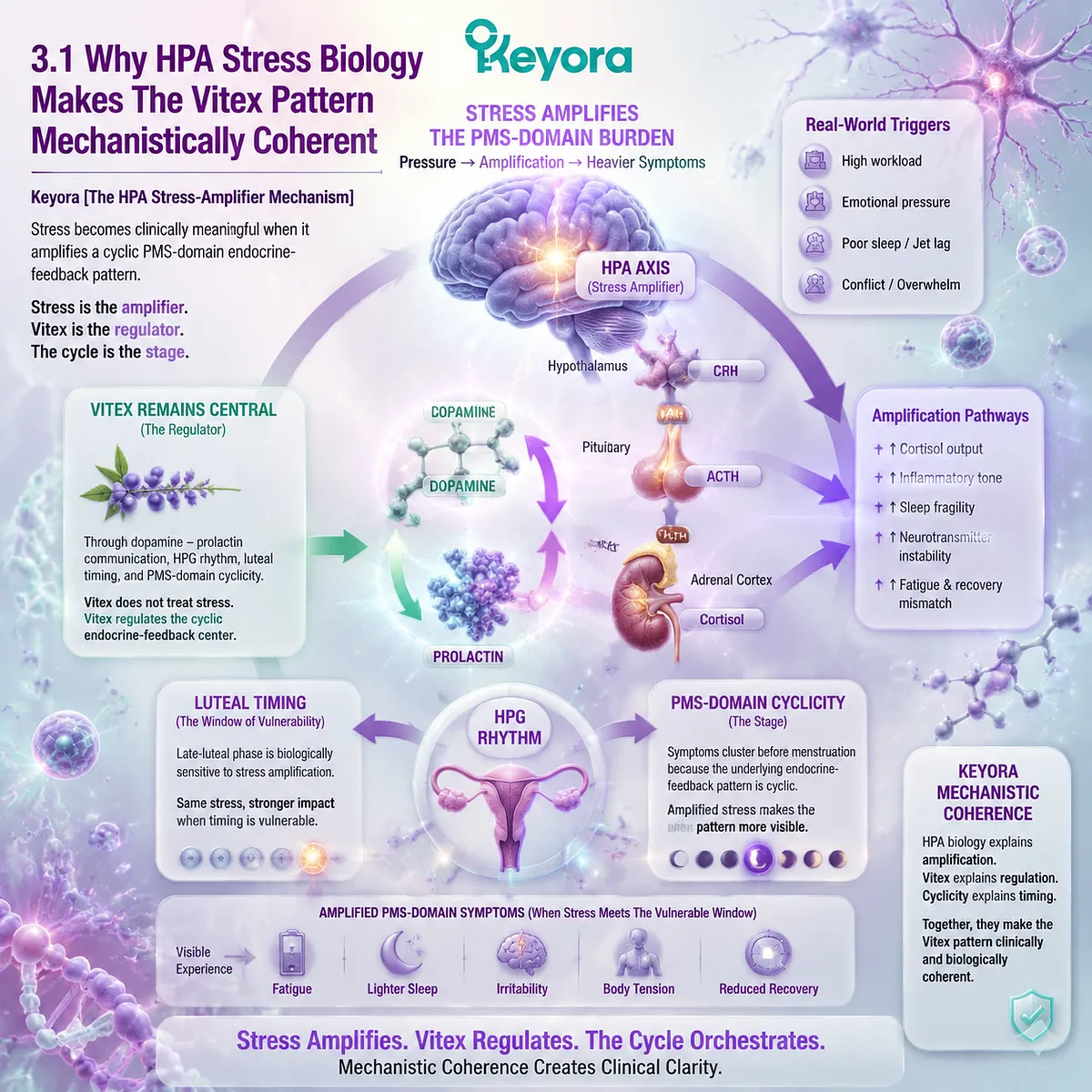 PMS stress load via cortisol rhythm, CRH-ACTH HPA signaling; Keyora HPA Stress-Amplifier links Vitex via dopamine-prolactin and HPG rhythm PMS stress load via cortisol rhythm, CRH-ACTH HPA signaling; Keyora HPA Stress-Amplifier links Vitex via dopamine-prolactin and HPG rhythm