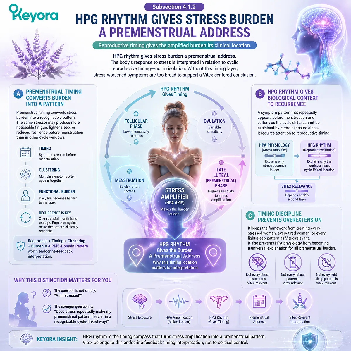 PMS symptoms, stress response and menstrual cycle timing, where HPG rhythm and reproductive timing map stress burden into cycle-specific pattern within Keyora HPA-HPG Crosstalk Relay endocrine feedback framework PMS symptoms, stress response and menstrual cycle timing, where HPG rhythm and reproductive timing map stress burden into cycle-specific pattern within Keyora HPA-HPG Crosstalk Relay endocrine feedback framework