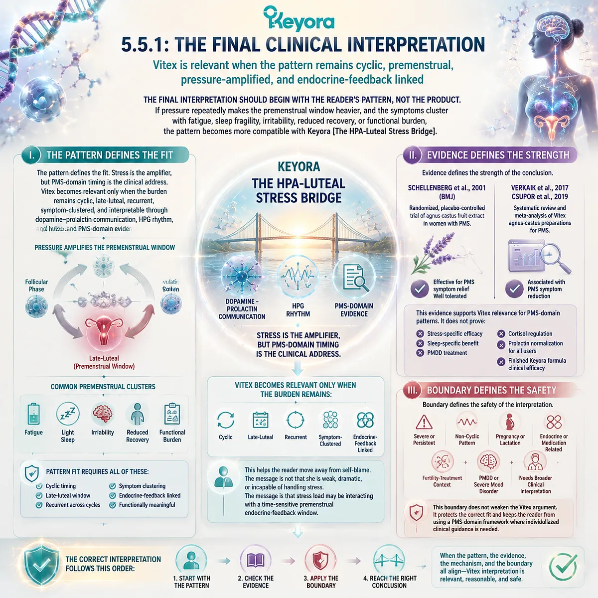 premenstrual syndrome Vitex relevance cyclic PMS pattern stress amplification luteal phase HPA-axis timing dopamine prolactin endocrine feedback and symptom clustering mapped in Keyora HPA-Luteal Stress Bridge final clinical interpretation framework premenstrual syndrome Vitex relevance cyclic PMS pattern stress amplification luteal phase HPA-axis timing dopamine prolactin endocrine feedback and symptom clustering mapped in Keyora HPA-Luteal Stress Bridge final clinical interpretation framework