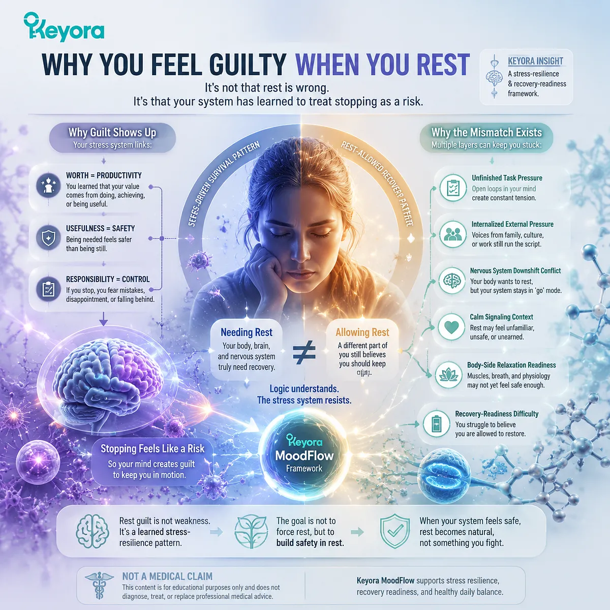 Rest guilt and stress response: productivity mindset vs nervous downshift conflict, recovery readiness, learned worth-usefulness stress link; Keyora MoodFlow frames adaptive rest perception regulation Rest guilt and stress response: productivity mindset vs nervous downshift conflict, recovery readiness, learned worth-usefulness stress link; Keyora MoodFlow frames adaptive rest perception regulation