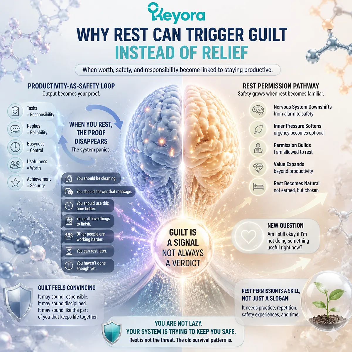 Rest guilt and productivity mindset conflict: stress response links worth and safety to usefulness, blocking nervous downshift and recovery readiness; Keyora MoodFlow Matrix framing adaptive recovery framing Rest guilt and productivity mindset conflict: stress response links worth and safety to usefulness, blocking nervous downshift and recovery readiness; Keyora MoodFlow Matrix framing adaptive recovery framing