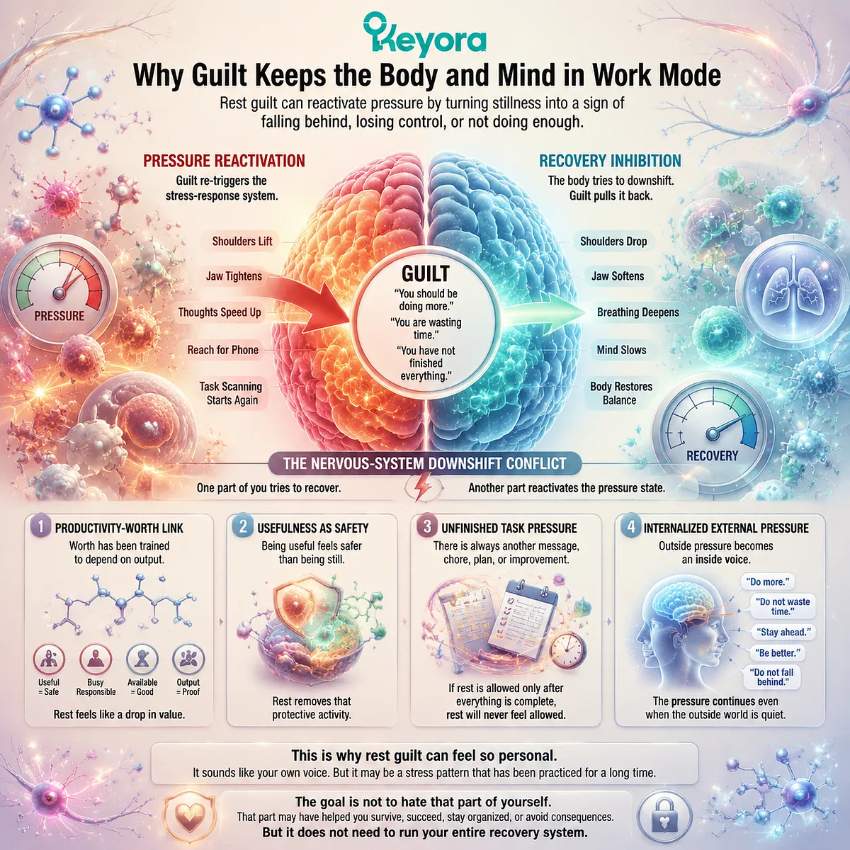 Rest guilt, productivity mindset stress response and nervous system downshift conflict elevate cognitive arousal & body tension, Keyora MoodFlow Matrix recovery regulation Rest guilt, productivity mindset stress response and nervous system downshift conflict elevate cognitive arousal & body tension, Keyora MoodFlow Matrix recovery regulation