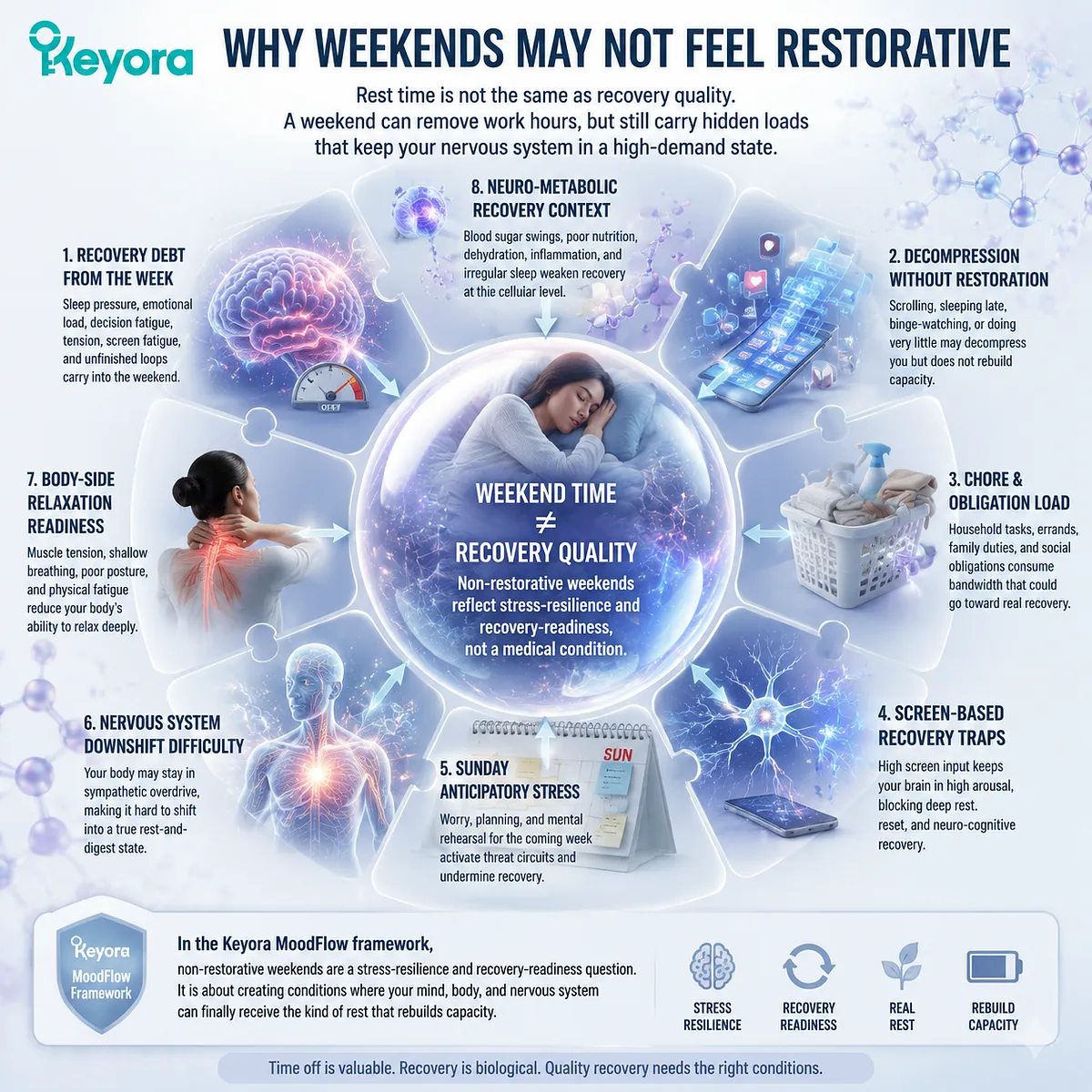 Weekend recovery quality depends on nervous-system downshift, recovery debt, and neuro-metabolic recovery readiness rather than time off alone, framed through the Keyora MoodFlow recovery-readiness framework. Weekend recovery quality depends on nervous-system downshift, recovery debt, and neuro-metabolic recovery readiness rather than time off alone, framed through the Keyora MoodFlow recovery-readiness framework.