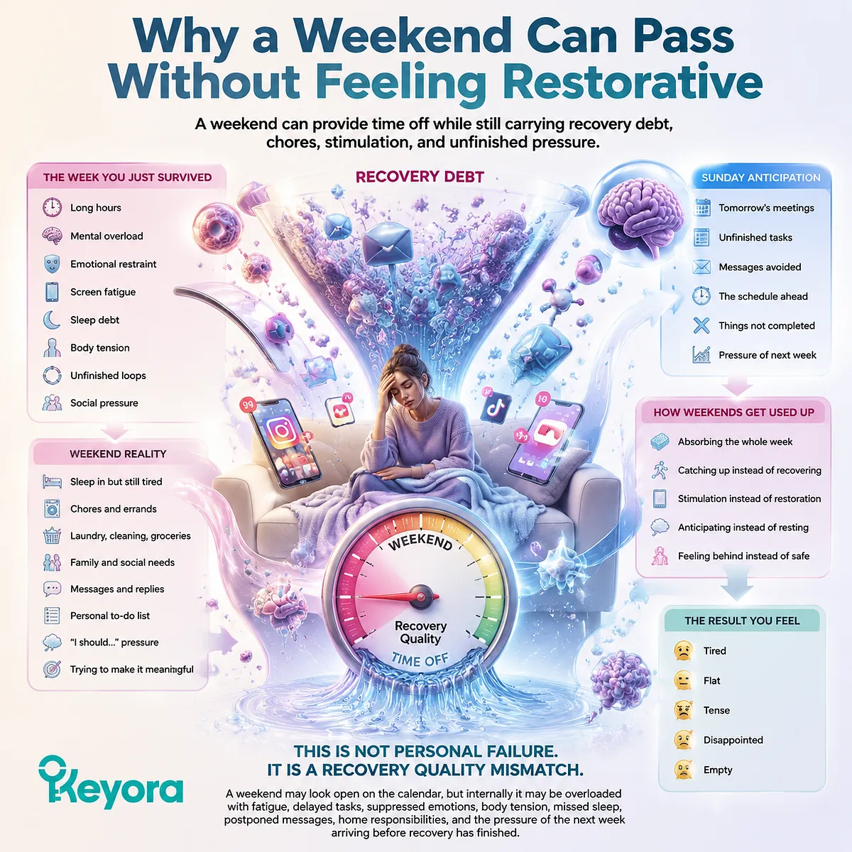 Weekend recovery quality may remain low despite time off when recovery debt, nervous-system downshift, screen stimulation, and anticipatory stress reduce recovery readiness, explained through the Keyora MoodFlow recovery-quality mismatch framework. Weekend recovery quality may remain low despite time off when recovery debt, nervous-system downshift, screen stimulation, and anticipatory stress reduce recovery readiness, explained through the Keyora MoodFlow recovery-quality mismatch framework.