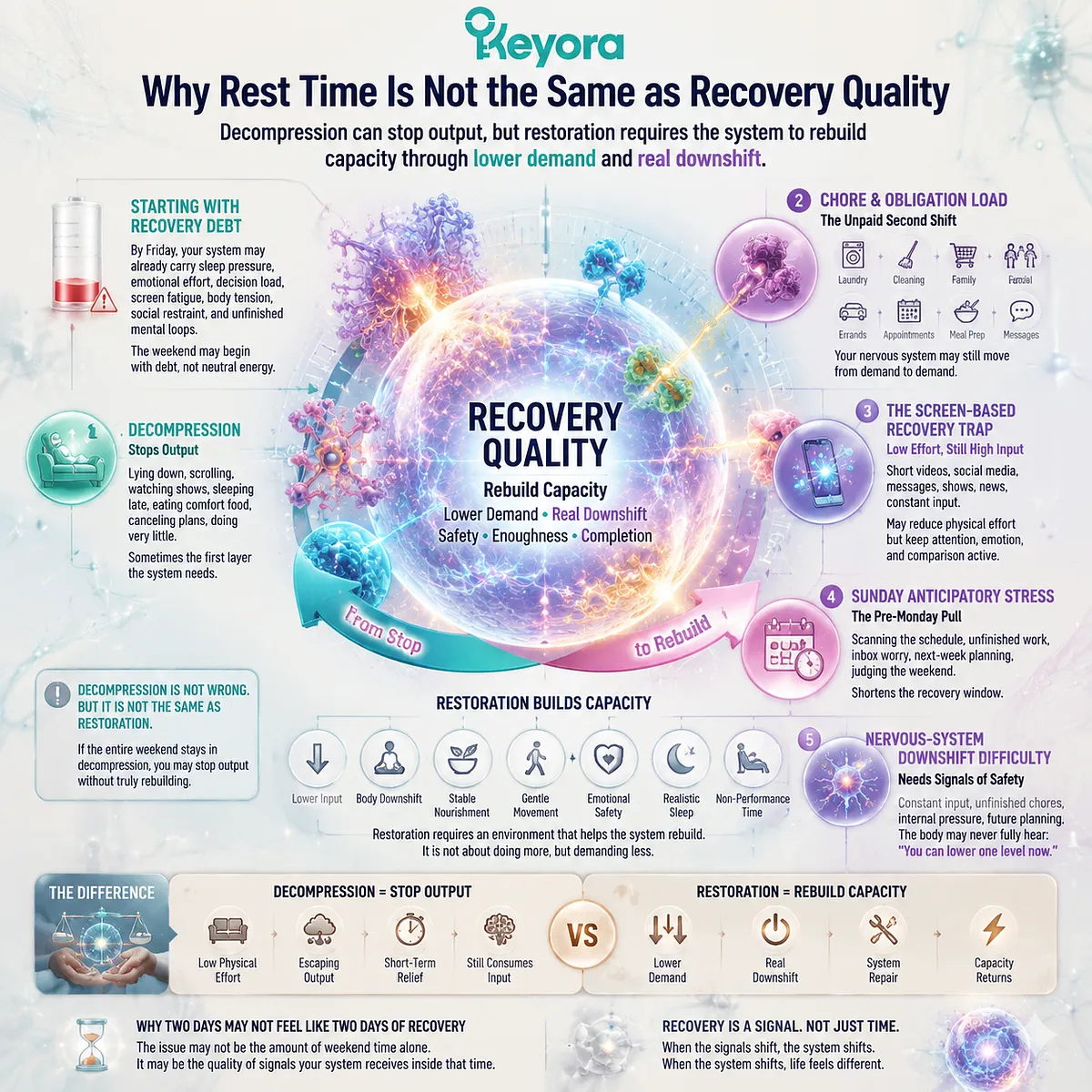 Weekend recovery quality depends on nervous-system downshift, recovery debt, screen stimulation, and anticipatory stress rather than time off alone, illustrating the Keyora MoodFlow Recovery Quality Mismatch framework and recovery-readiness context. Weekend recovery quality depends on nervous-system downshift, recovery debt, screen stimulation, and anticipatory stress rather than time off alone, illustrating the Keyora MoodFlow Recovery Quality Mismatch framework and recovery-readiness context.