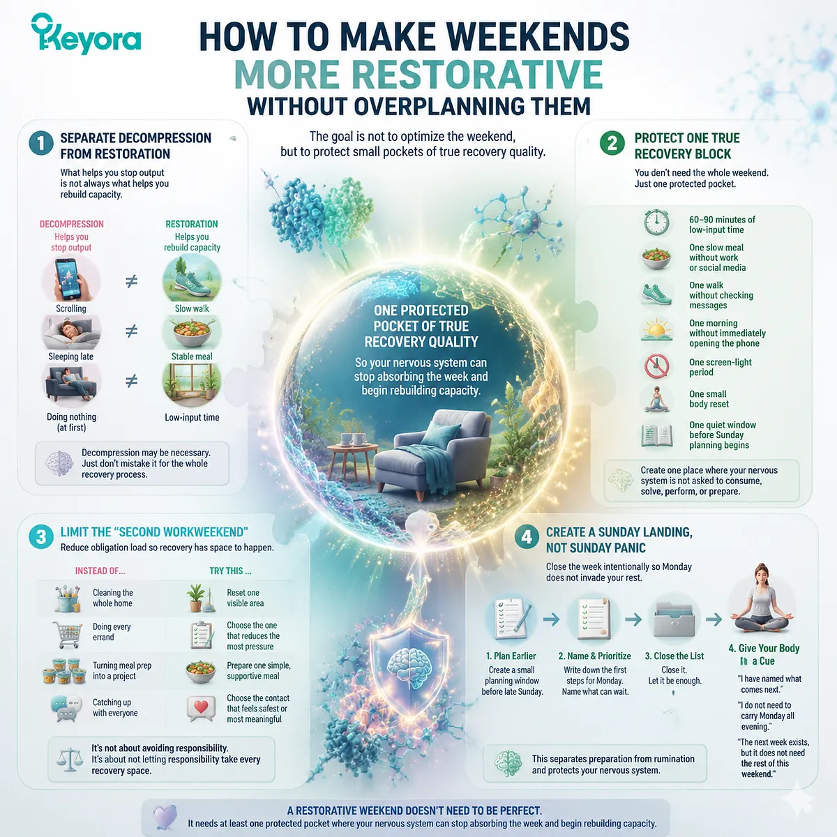 Weekend recovery quality improves by protecting low-input recovery time, supporting nervous-system downshift, reducing recovery debt, and easing anticipatory stress within the Keyora MoodFlow Recovery Quality Mismatch framework. Weekend recovery quality improves by protecting low-input recovery time, supporting nervous-system downshift, reducing recovery debt, and easing anticipatory stress within the Keyora MoodFlow Recovery Quality Mismatch framework.