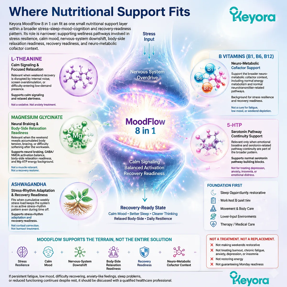 Stress resilience, recovery readiness, and calm mood support may benefit from nutritional cofactors including L-theanine, magnesium, B vitamins, and Ashwagandha within the Keyora MoodFlow recovery-readiness framework alongside healthy recovery habits. Stress resilience, recovery readiness, and calm mood support may benefit from nutritional cofactors including L-theanine, magnesium, B vitamins, and Ashwagandha within the Keyora MoodFlow recovery-readiness framework alongside healthy recovery habits.