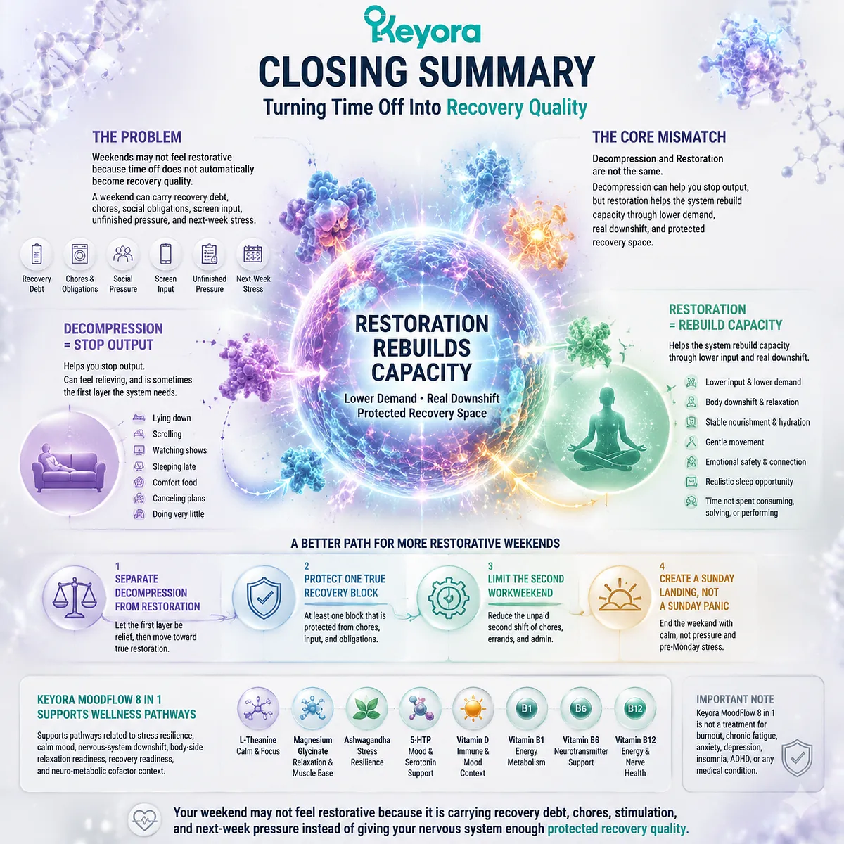 Weekend recovery quality depends on nervous-system downshift, recovery debt, stress resilience, and protected low-demand recovery time rather than time off alone, summarized through the Keyora MoodFlow Recovery Quality Mismatch framework. Weekend recovery quality depends on nervous-system downshift, recovery debt, stress resilience, and protected low-demand recovery time rather than time off alone, summarized through the Keyora MoodFlow Recovery Quality Mismatch framework.