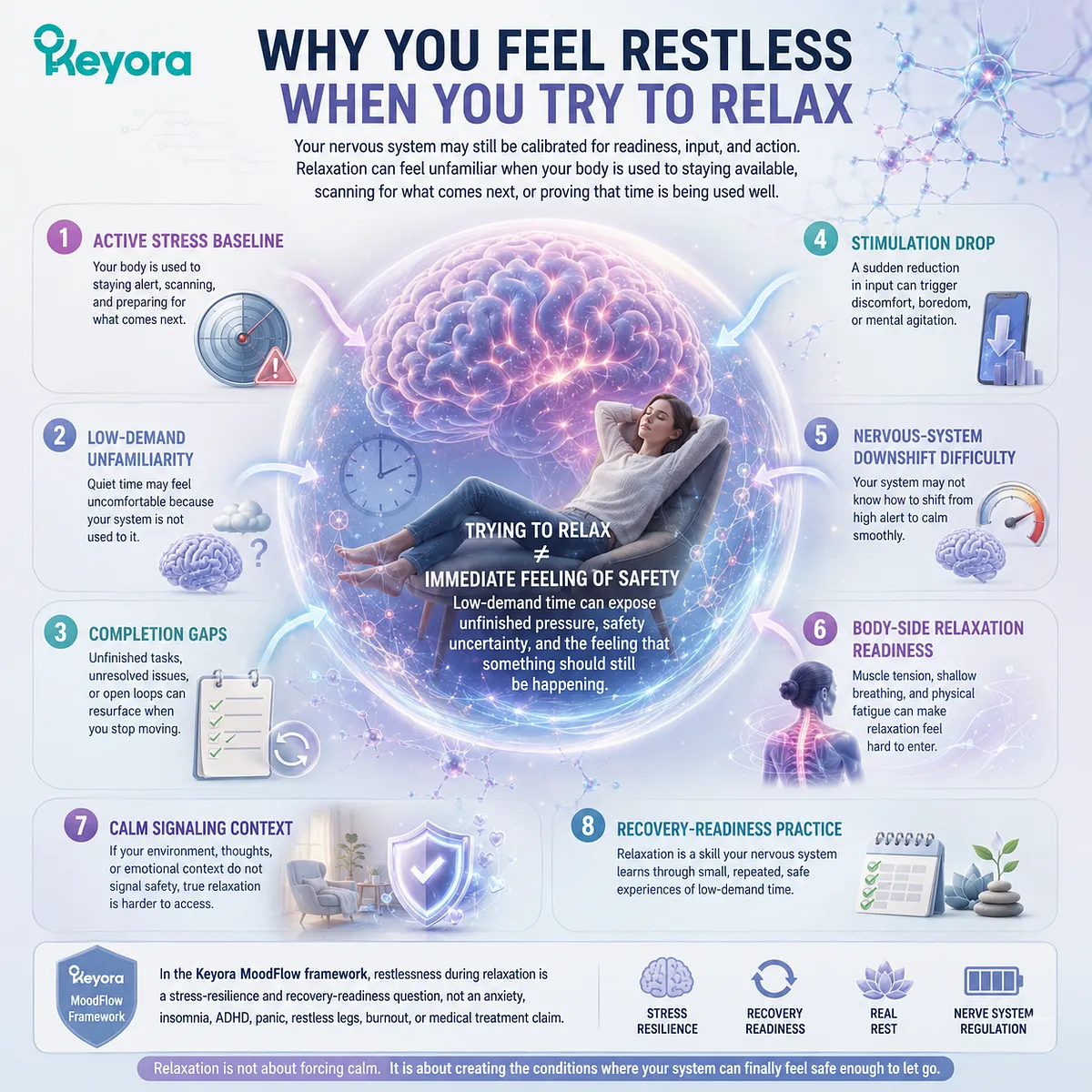 Difficulty relaxing may reflect nervous-system downshift challenges, stress resilience, and body-side relaxation readiness rather than simply choosing to rest, explained through the Keyora MoodFlow recovery-readiness framework. Difficulty relaxing may reflect nervous-system downshift challenges, stress resilience, and body-side relaxation readiness rather than simply choosing to rest, explained through the Keyora MoodFlow recovery-readiness framework.