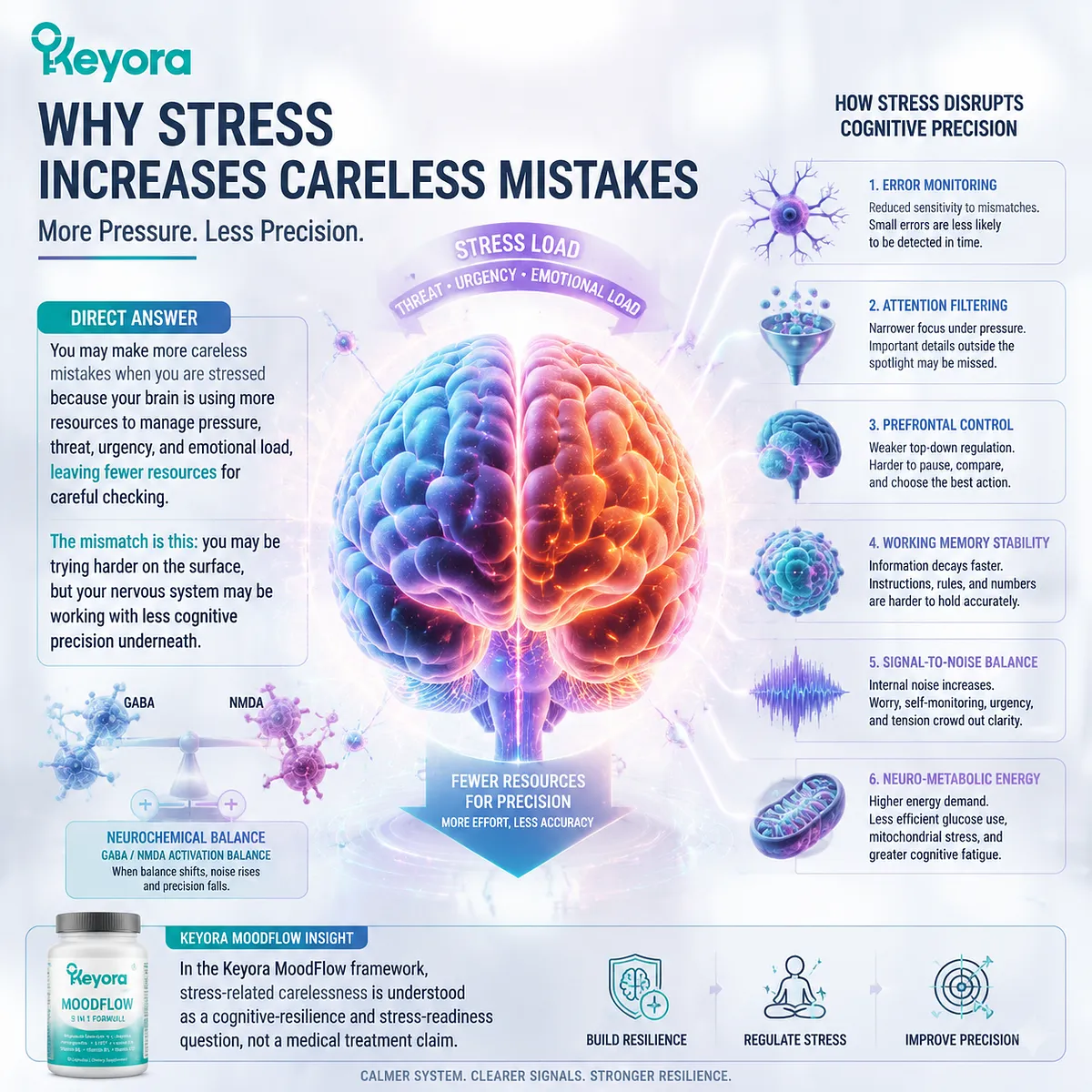 Stress-related mistakes and reduced concentration linked to prefrontal control, working memory stability, GABA/NMDA balance, and cognitive resilience, interpreted through the Keyora MoodFlow Matrix for stress-readiness support. Stress-related mistakes and reduced concentration linked to prefrontal control, working memory stability, GABA/NMDA balance, and cognitive resilience, interpreted through the Keyora MoodFlow Matrix for stress-readiness support.