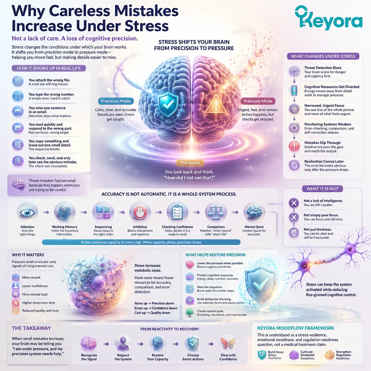 Stress-related careless mistakes reflect reduced cognitive precision through changes in attention filtering, working memory, prefrontal control, error monitoring, and GABA/NMDA balance, interpreted by the Keyora MoodFlow Matrix as a cognitive resilience and stress-readiness framework. Stress-related careless mistakes reflect reduced cognitive precision through changes in attention filtering, working memory, prefrontal control, error monitoring, and GABA/NMDA balance, interpreted by the Keyora MoodFlow Matrix as a cognitive resilience and stress-readiness framework.