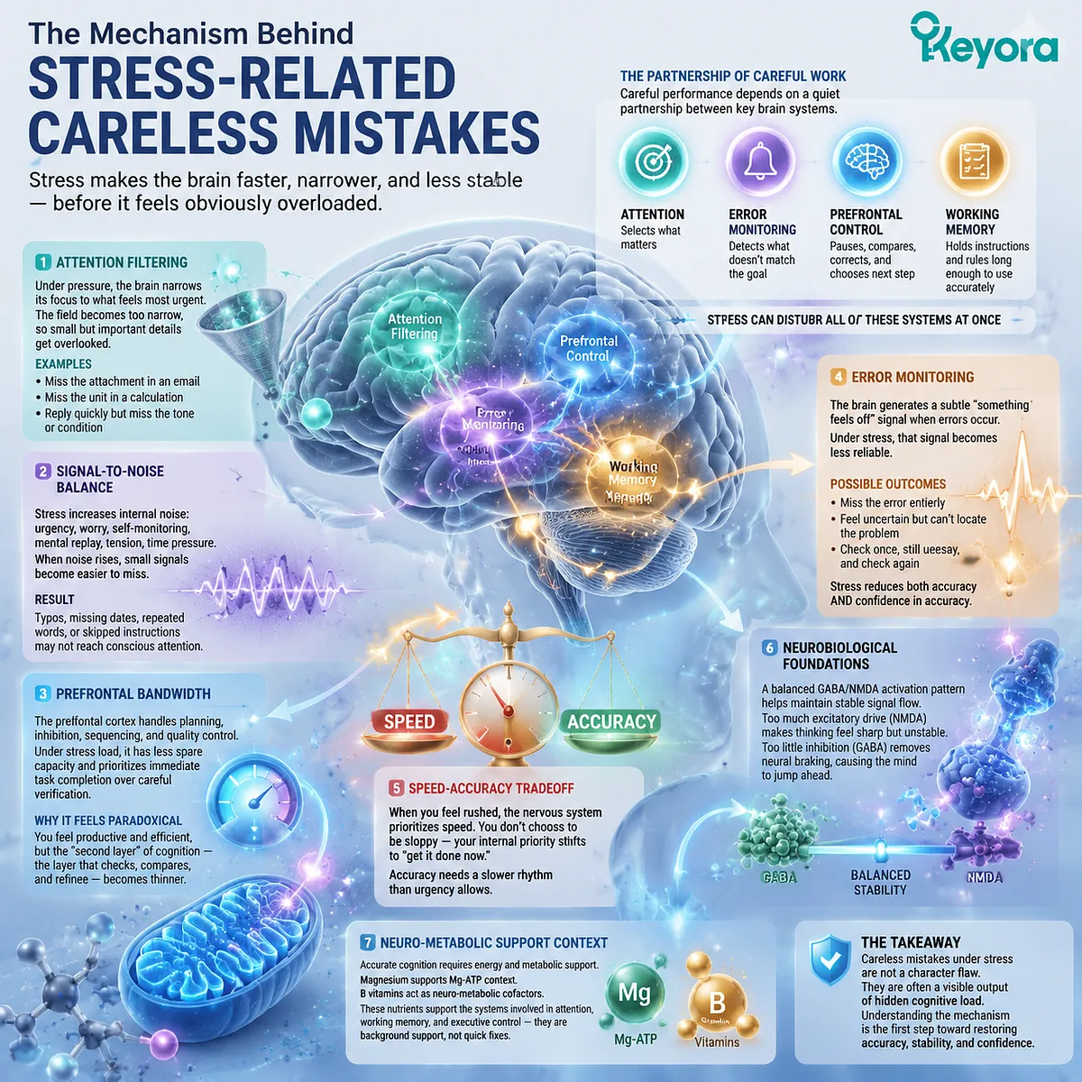 Stress-related careless mistakes arise when attention filtering, error monitoring, prefrontal control, signal-to-noise balance, GABA/NMDA regulation, and neuro-metabolic support reduce cognitive precision, a pattern mapped by the Keyora MoodFlow Matrix. Stress-related careless mistakes arise when attention filtering, error monitoring, prefrontal control, signal-to-noise balance, GABA/NMDA regulation, and neuro-metabolic support reduce cognitive precision, a pattern mapped by the Keyora MoodFlow Matrix.