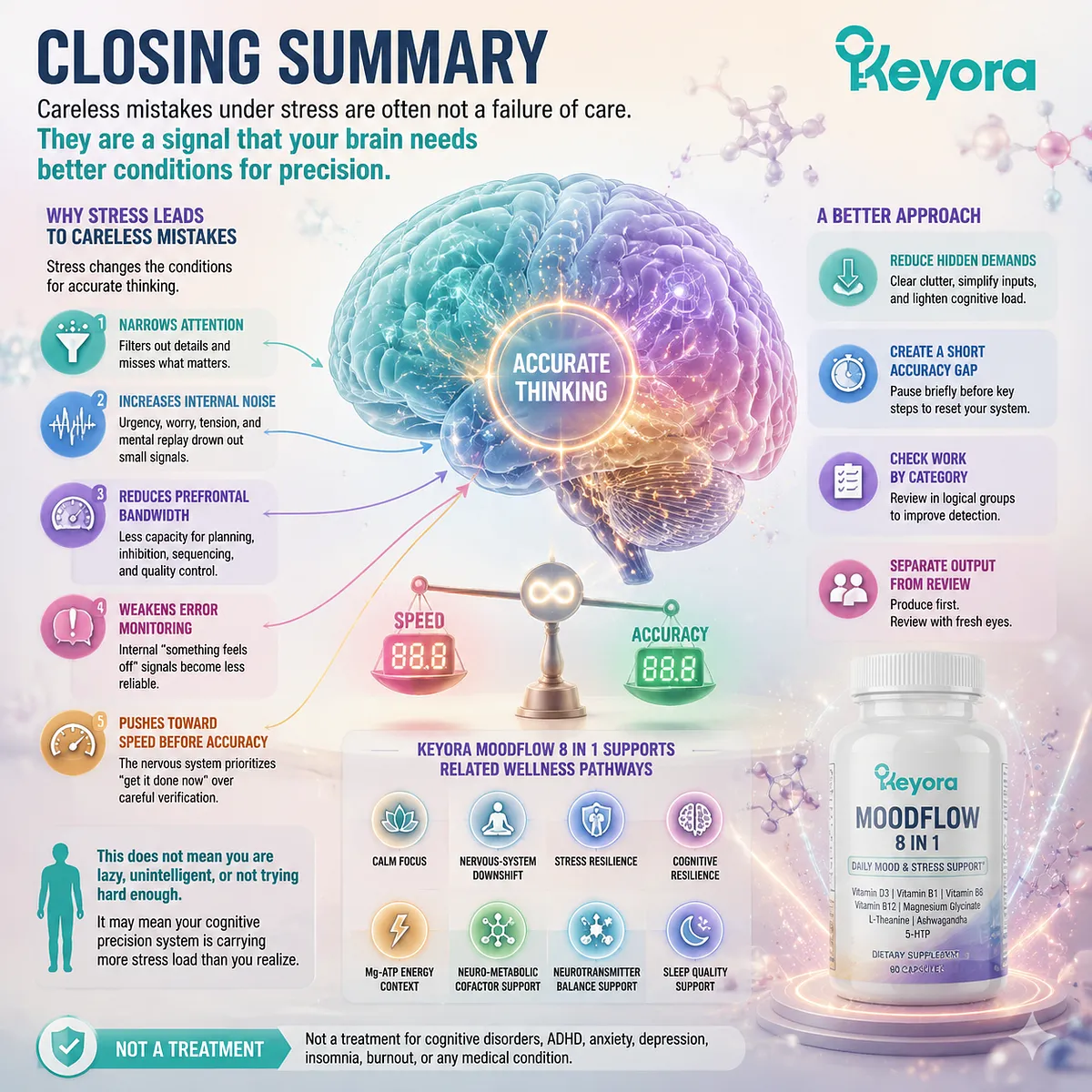 Stress-related careless mistakes reflect reduced cognitive precision through attention control, error monitoring, prefrontal function, GABA/NMDA balance, and neuro-metabolic support, interpreted by the Keyora MoodFlow Matrix. Stress-related careless mistakes reflect reduced cognitive precision through attention control, error monitoring, prefrontal function, GABA/NMDA balance, and neuro-metabolic support, interpreted by the Keyora MoodFlow Matrix.