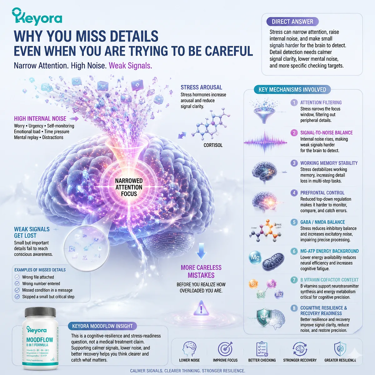 Missing details under stress reflects reduced attention filtering, signal-to-noise balance, prefrontal control, GABA/NMDA regulation, and Mg-ATP neuro-metabolic support, interpreted through the Keyora MoodFlow Matrix for cognitive resilience. Missing details under stress reflects reduced attention filtering, signal-to-noise balance, prefrontal control, GABA/NMDA regulation, and Mg-ATP neuro-metabolic support, interpreted through the Keyora MoodFlow Matrix for cognitive resilience.
