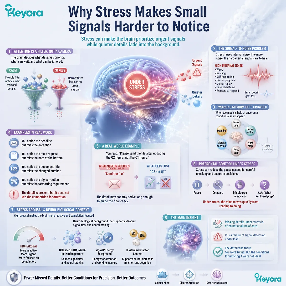 Missing details under stress reflects reduced attention filtering, signal-to-noise balance, working memory stability, prefrontal control, GABA/NMDA regulation, and Mg-ATP neuro-metabolic support, mapped by the Keyora MoodFlow Matrix. Missing details under stress reflects reduced attention filtering, signal-to-noise balance, working memory stability, prefrontal control, GABA/NMDA regulation, and Mg-ATP neuro-metabolic support, mapped by the Keyora MoodFlow Matrix.
