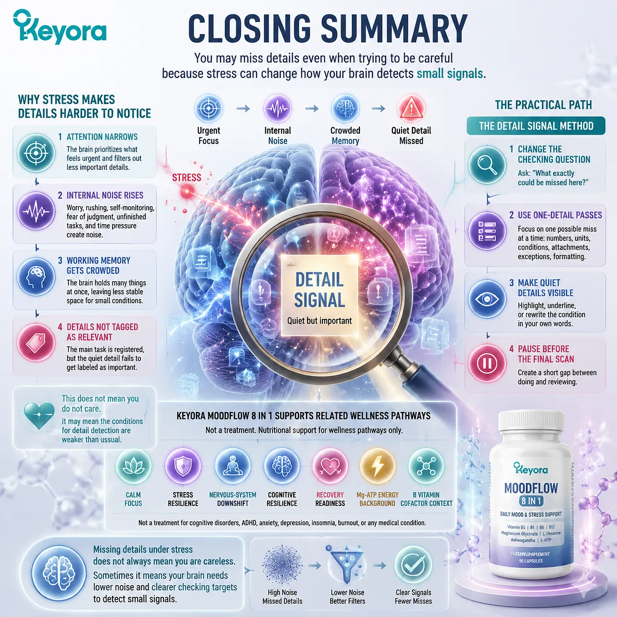 Missing details under stress reflects changes in attention filtering, signal-to-noise balance, working memory, prefrontal control, GABA/NMDA regulation, and neuro-metabolic support, explained by the Keyora MoodFlow Matrix. Missing details under stress reflects changes in attention filtering, signal-to-noise balance, working memory, prefrontal control, GABA/NMDA regulation, and neuro-metabolic support, explained by the Keyora MoodFlow Matrix.