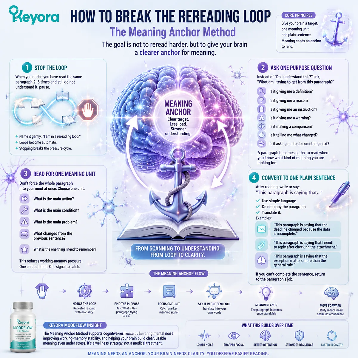 Breaking a rereading loop supports reading comprehension through meaning anchoring, working memory stability, attention filtering, prefrontal control, and cognitive resilience, interpreted by the Keyora MoodFlow Matrix. Breaking a rereading loop supports reading comprehension through meaning anchoring, working memory stability, attention filtering, prefrontal control, and cognitive resilience, interpreted by the Keyora MoodFlow Matrix.