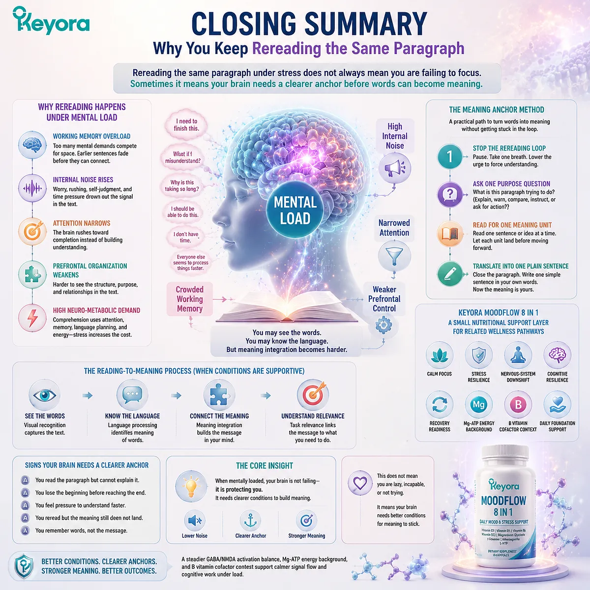 Rereading the same paragraph under stress reflects reduced reading comprehension, working memory stability, attention filtering, prefrontal control, GABA/NMDA balance, and neuro-metabolic support, interpreted through the Keyora MoodFlow Matrix. Rereading the same paragraph under stress reflects reduced reading comprehension, working memory stability, attention filtering, prefrontal control, GABA/NMDA balance, and neuro-metabolic support, interpreted through the Keyora MoodFlow Matrix.