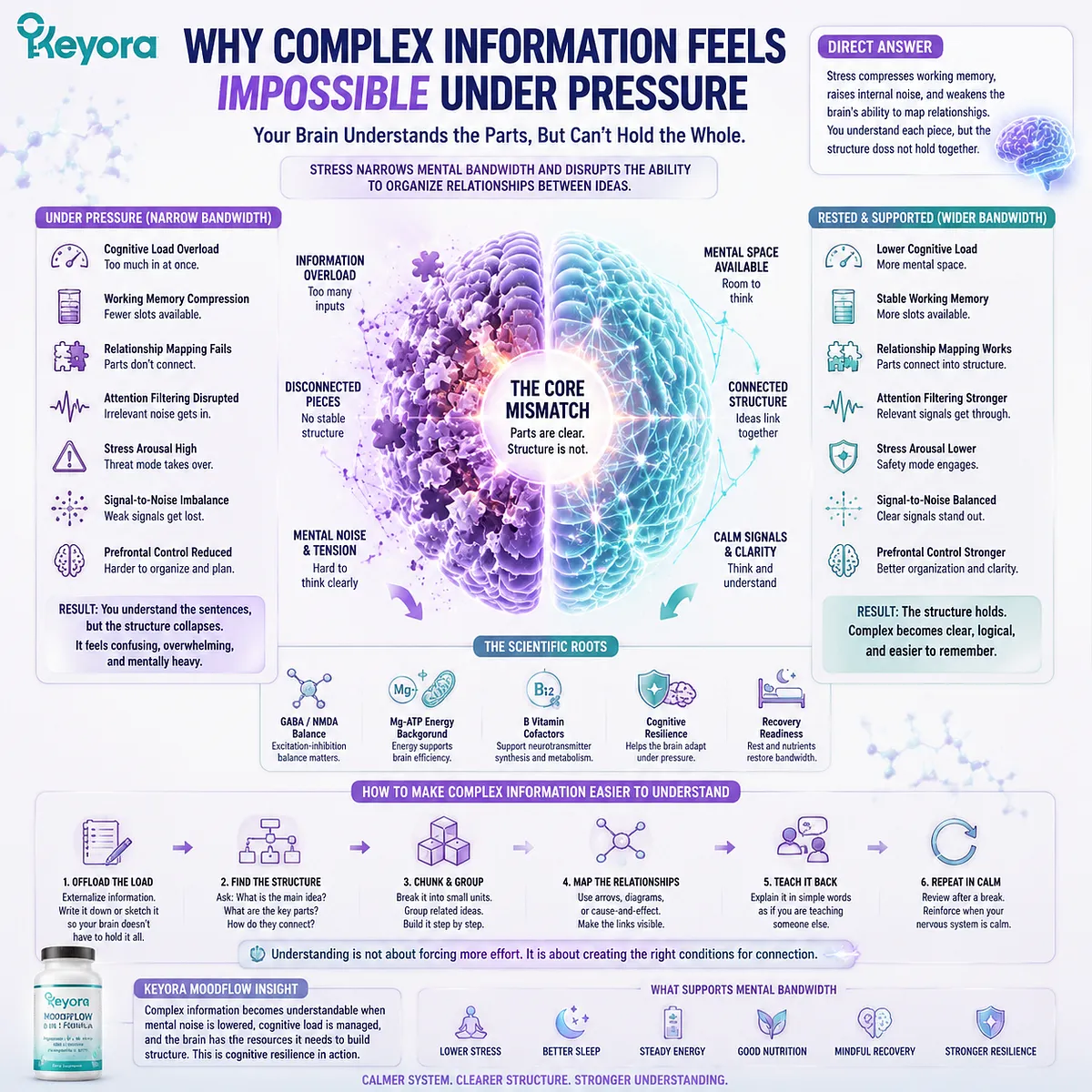 Understanding complex information under stress involves cognitive load, working memory compression, attention filtering, prefrontal control, GABA/NMDA balance, and Mg-ATP energy context, mapped through the Keyora MoodFlow Matrix. Understanding complex information under stress involves cognitive load, working memory compression, attention filtering, prefrontal control, GABA/NMDA balance, and Mg-ATP energy context, mapped through the Keyora MoodFlow Matrix.