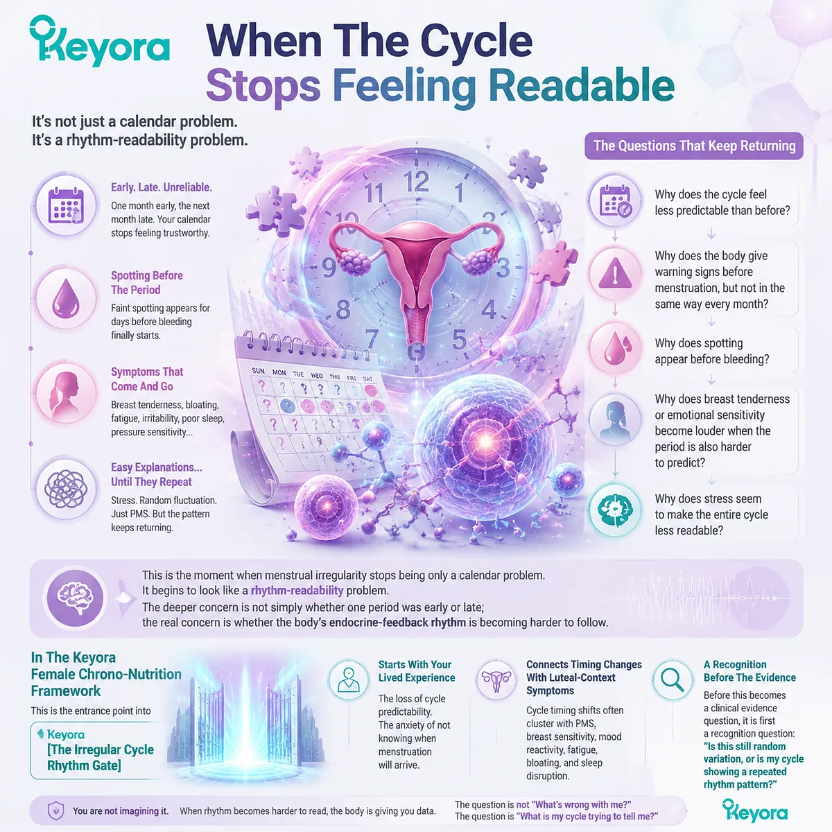 Menstrual cycle irregularity, premenstrual spotting and PMS symptoms linked to HPG axis endocrine feedback variability and luteal phase instability, framed by Keyora Irregular Cycle Rhythm Gate for readability loss Menstrual cycle irregularity, premenstrual spotting and PMS symptoms linked to HPG axis endocrine feedback variability and luteal phase instability, framed by Keyora Irregular Cycle Rhythm Gate for readability loss