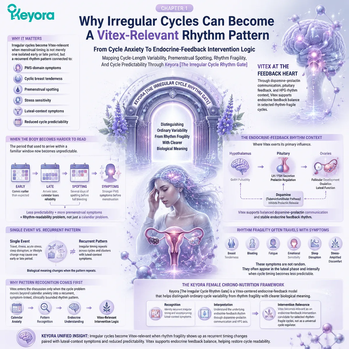 Menstrual cycle irregularity, PMS/spotting symptoms linked to dopamine–prolactin & HPO luteal variability, Keyora Irregular Cycle Rhythm Gate for Vitex relevance Menstrual cycle irregularity, PMS/spotting symptoms linked to dopamine–prolactin & HPO luteal variability, Keyora Irregular Cycle Rhythm Gate for Vitex relevance