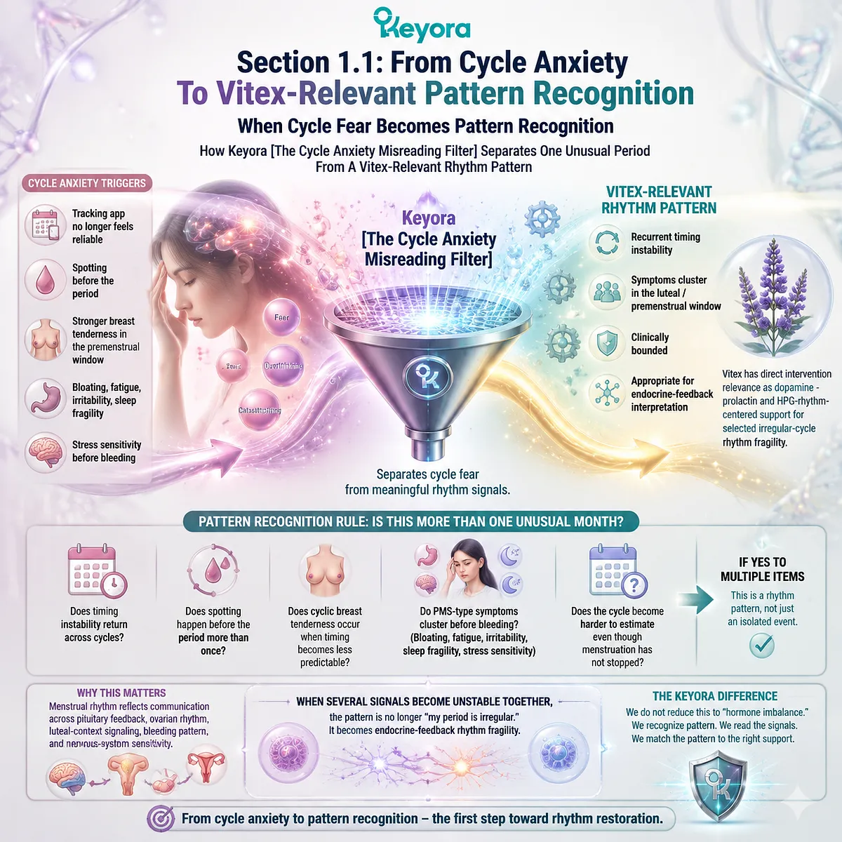 Menstrual cycle irregularity, PMS symptoms and premenstrual spotting linked to HPO axis rhythm variability and dopamine–prolactin signaling, Keyora Cycle Anxiety Misreading Filter for Vitex-relevant pattern recognition Menstrual cycle irregularity, PMS symptoms and premenstrual spotting linked to HPO axis rhythm variability and dopamine–prolactin signaling, Keyora Cycle Anxiety Misreading Filter for Vitex-relevant pattern recognition
