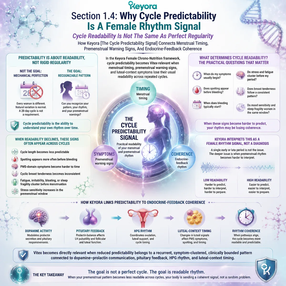 Menstrual cycle irregularity, reduced predictability and PMS symptom clustering linked to HPO axis luteal variability and dopamine–prolactin signaling, Keyora Cycle Predictability Signal for endocrine-feedback rhythm coherence interpretation Menstrual cycle irregularity, reduced predictability and PMS symptom clustering linked to HPO axis luteal variability and dopamine–prolactin signaling, Keyora Cycle Predictability Signal for endocrine-feedback rhythm coherence interpretation