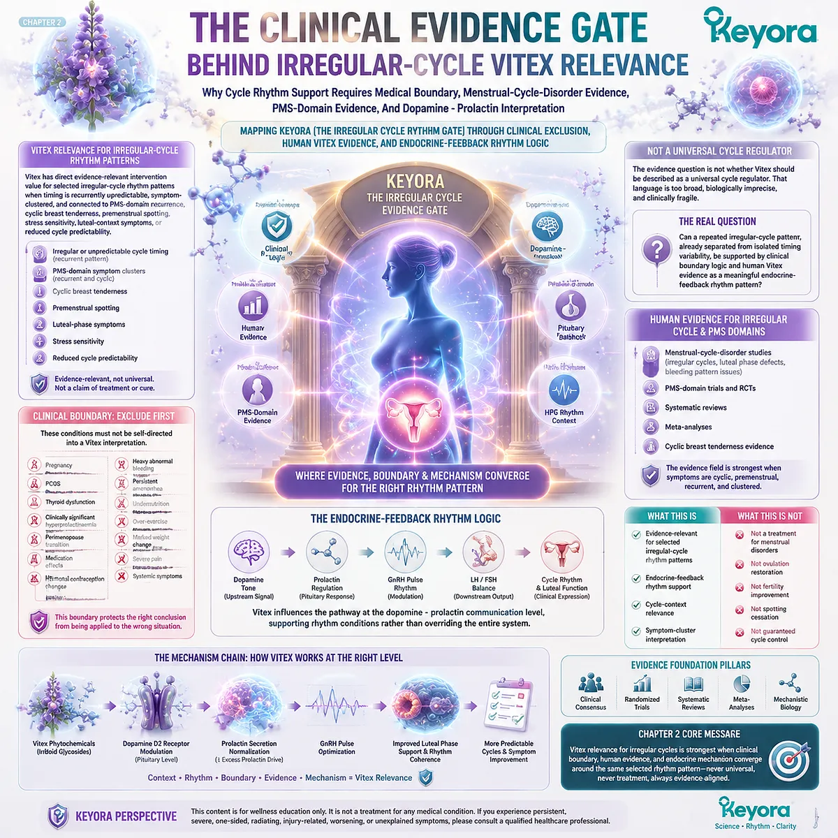 Vitex links irregular cycle and PMS-linked symptoms via dopamine–prolactin feedback and HPG rhythm, framed by Keyora Irregular Cycle Evidence Gate for endocrine timing map. Vitex links irregular cycle and PMS-linked symptoms via dopamine–prolactin feedback and HPG rhythm, framed by Keyora Irregular Cycle Evidence Gate for endocrine timing map.