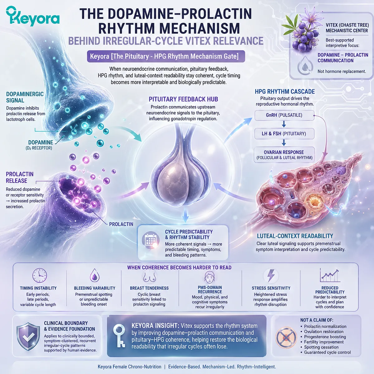 Irregular menstrual cycle support is interpreted through dopamine-prolactin communication, pituitary feedback, and HPG rhythm coordination, helping explain luteal-context readability and cycle predictability within the Keyora Pituitary-HPG Rhythm Mechanism Gate. Irregular menstrual cycle support is interpreted through dopamine-prolactin communication, pituitary feedback, and HPG rhythm coordination, helping explain luteal-context readability and cycle predictability within the Keyora Pituitary-HPG Rhythm Mechanism Gate.