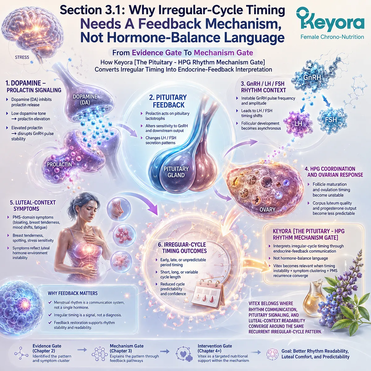 Irregular menstrual cycle support is better understood through dopamine-prolactin signaling, pituitary feedback, and HPG rhythm coordination rather than hormone balance, as mapped by the Keyora Pituitary-HPG Rhythm Mechanism Gate. Irregular menstrual cycle support is better understood through dopamine-prolactin signaling, pituitary feedback, and HPG rhythm coordination rather than hormone balance, as mapped by the Keyora Pituitary-HPG Rhythm Mechanism Gate.