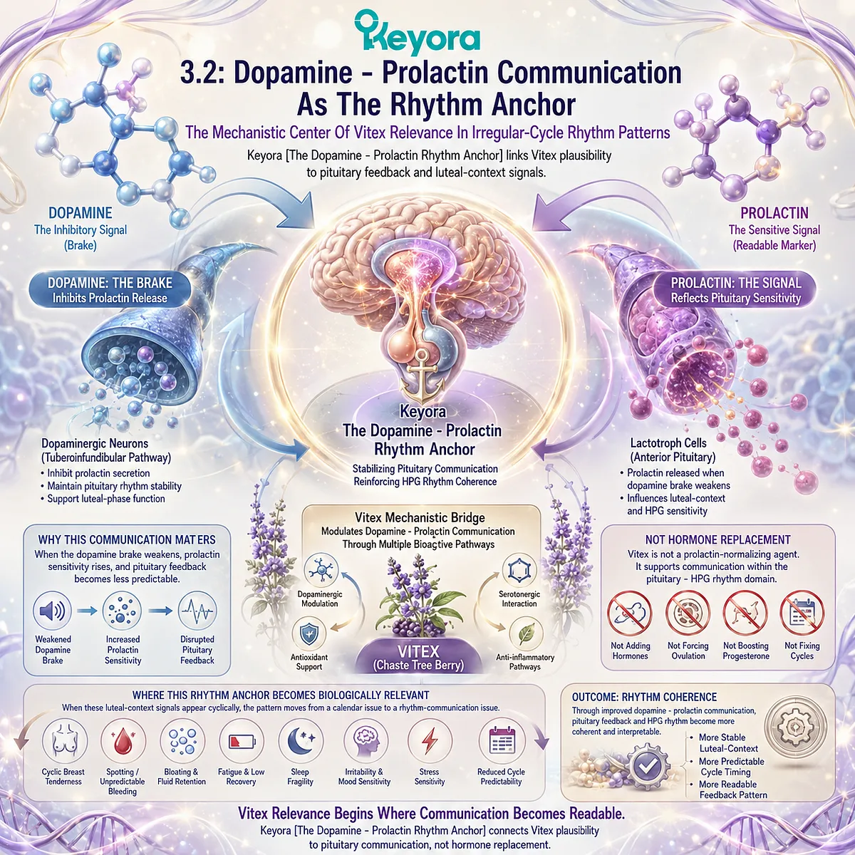 Irregular menstrual cycle support is anchored by dopamine-prolactin communication, linking pituitary feedback, HPG rhythm, and luteal-context signals to cycle predictability within the Keyora Dopamine-Prolactin Rhythm Anchor. Irregular menstrual cycle support is anchored by dopamine-prolactin communication, linking pituitary feedback, HPG rhythm, and luteal-context signals to cycle predictability within the Keyora Dopamine-Prolactin Rhythm Anchor.