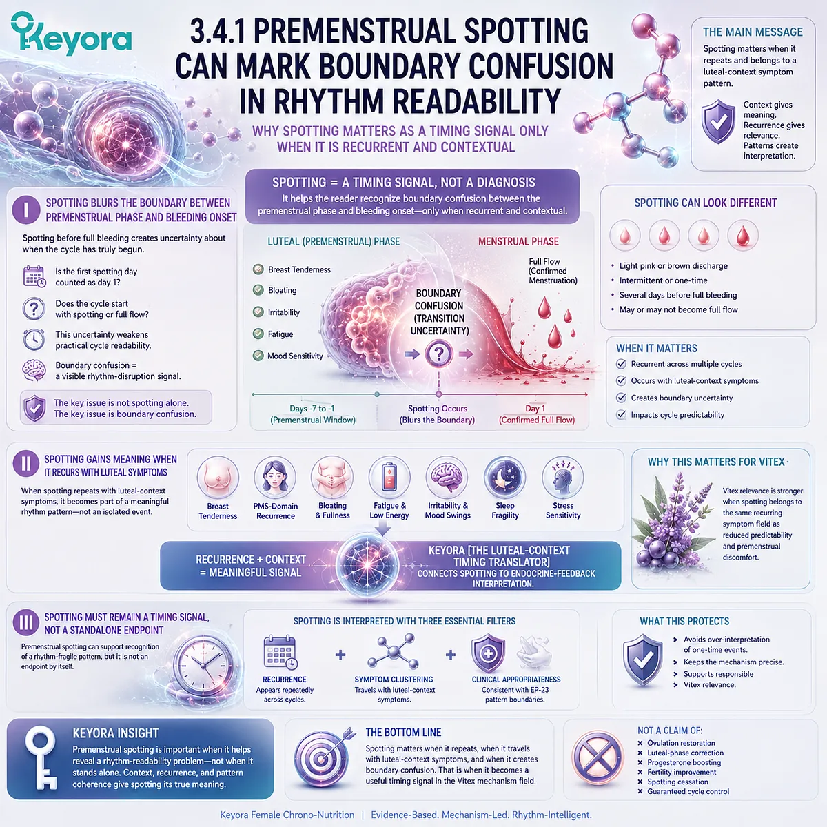 Irregular menstrual cycle support interprets recurrent premenstrual spotting as a luteal-context timing signal that reflects boundary readability, endocrine-feedback communication, and HPG rhythm within the Keyora Luteal-Context Timing Translator. Irregular menstrual cycle support interprets recurrent premenstrual spotting as a luteal-context timing signal that reflects boundary readability, endocrine-feedback communication, and HPG rhythm within the Keyora Luteal-Context Timing Translator.