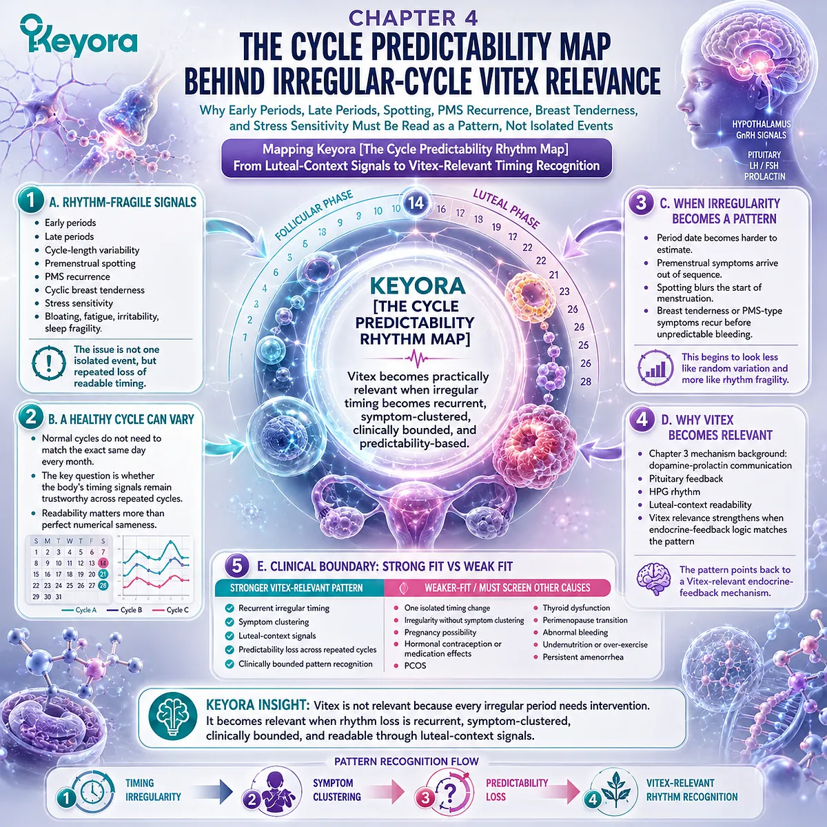 Irregular menstrual cycles become more interpretable when cycle predictability, luteal-context symptoms, dopamine-prolactin communication, and HPG rhythm are viewed as connected patterns within the Keyora Cycle Predictability Rhythm Map for Vitex relevance. Irregular menstrual cycles become more interpretable when cycle predictability, luteal-context symptoms, dopamine-prolactin communication, and HPG rhythm are viewed as connected patterns within the Keyora Cycle Predictability Rhythm Map for Vitex relevance.