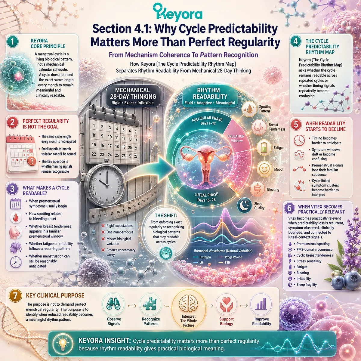 Menstrual cycle predictability depends on consistent luteal-context timing, symptom clustering, and HPG rhythm rather than a fixed 28-day cycle, explained through the Keyora Cycle Predictability Rhythm Map for Vitex relevance. Menstrual cycle predictability depends on consistent luteal-context timing, symptom clustering, and HPG rhythm rather than a fixed 28-day cycle, explained through the Keyora Cycle Predictability Rhythm Map for Vitex relevance.