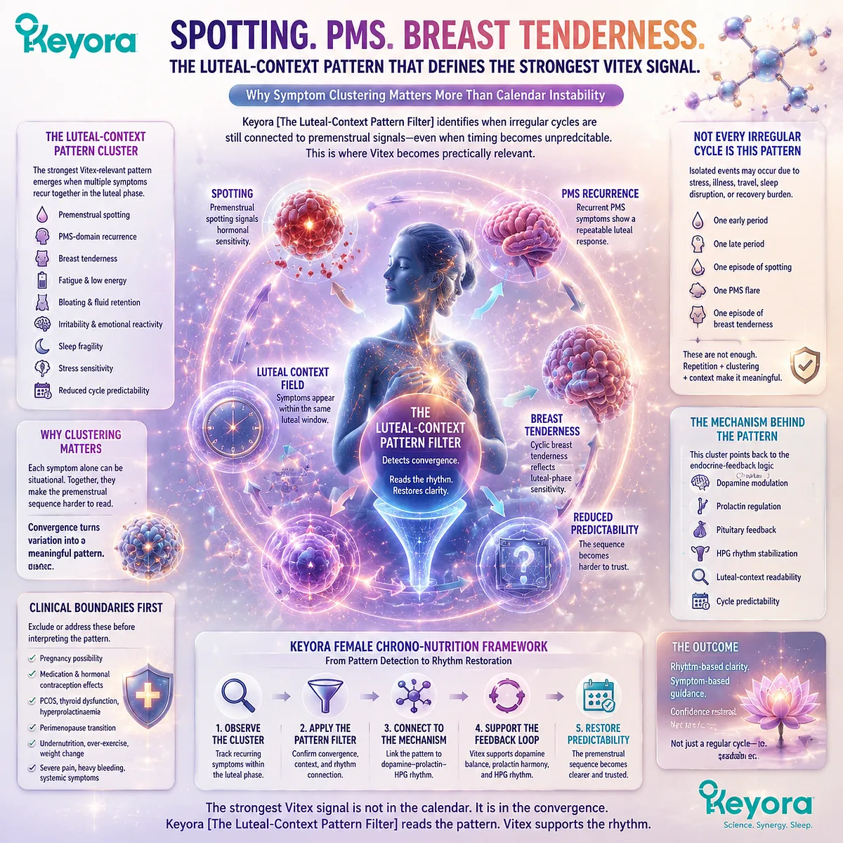 Premenstrual spotting, PMS recurrence, breast tenderness, and reduced cycle predictability become more meaningful when recurring as a luteal-context symptom cluster linked with HPG rhythm, interpreted through the Keyora Luteal-Context Pattern Filter for Vitex relevance. Premenstrual spotting, PMS recurrence, breast tenderness, and reduced cycle predictability become more meaningful when recurring as a luteal-context symptom cluster linked with HPG rhythm, interpreted through the Keyora Luteal-Context Pattern Filter for Vitex relevance.