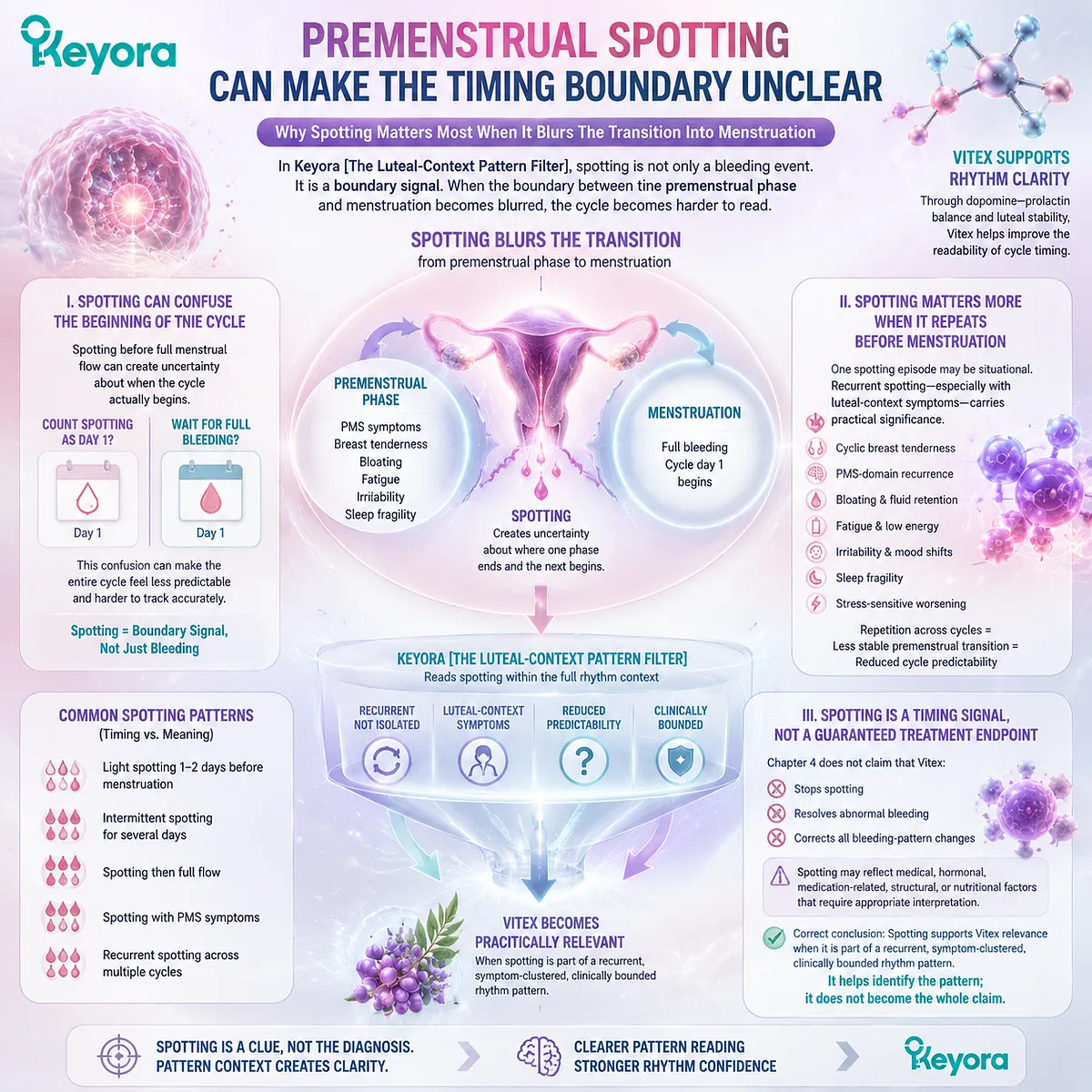 Premenstrual spotting becomes more meaningful when recurring before menstruation with luteal-context symptoms, reducing cycle predictability and blurring timing boundaries, as interpreted through the Keyora Luteal-Context Pattern Filter. Premenstrual spotting becomes more meaningful when recurring before menstruation with luteal-context symptoms, reducing cycle predictability and blurring timing boundaries, as interpreted through the Keyora Luteal-Context Pattern Filter.