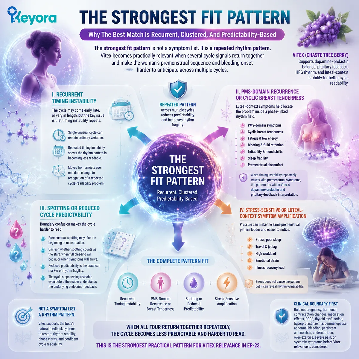 The strongest Vitex-relevant pattern combines recurrent cycle timing instability, luteal-context symptoms, spotting, and stress-sensitive predictability loss through dopamine-prolactin and HPG rhythm, mapped by Keyora Vitex-Relevant Cycle Pattern. The strongest Vitex-relevant pattern combines recurrent cycle timing instability, luteal-context symptoms, spotting, and stress-sensitive predictability loss through dopamine-prolactin and HPG rhythm, mapped by Keyora Vitex-Relevant Cycle Pattern.