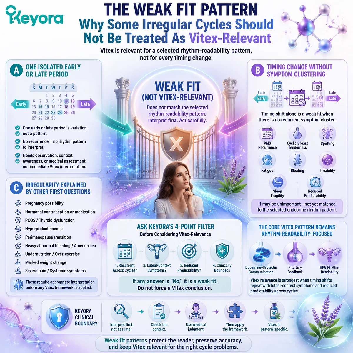 Weak Vitex fit patterns include isolated early or late periods, timing changes without symptom clustering, and cycles needing clinical evaluation, separated through the Keyora Vitex-Relevant Cycle Pattern boundary framework. Weak Vitex fit patterns include isolated early or late periods, timing changes without symptom clustering, and cycles needing clinical evaluation, separated through the Keyora Vitex-Relevant Cycle Pattern boundary framework.