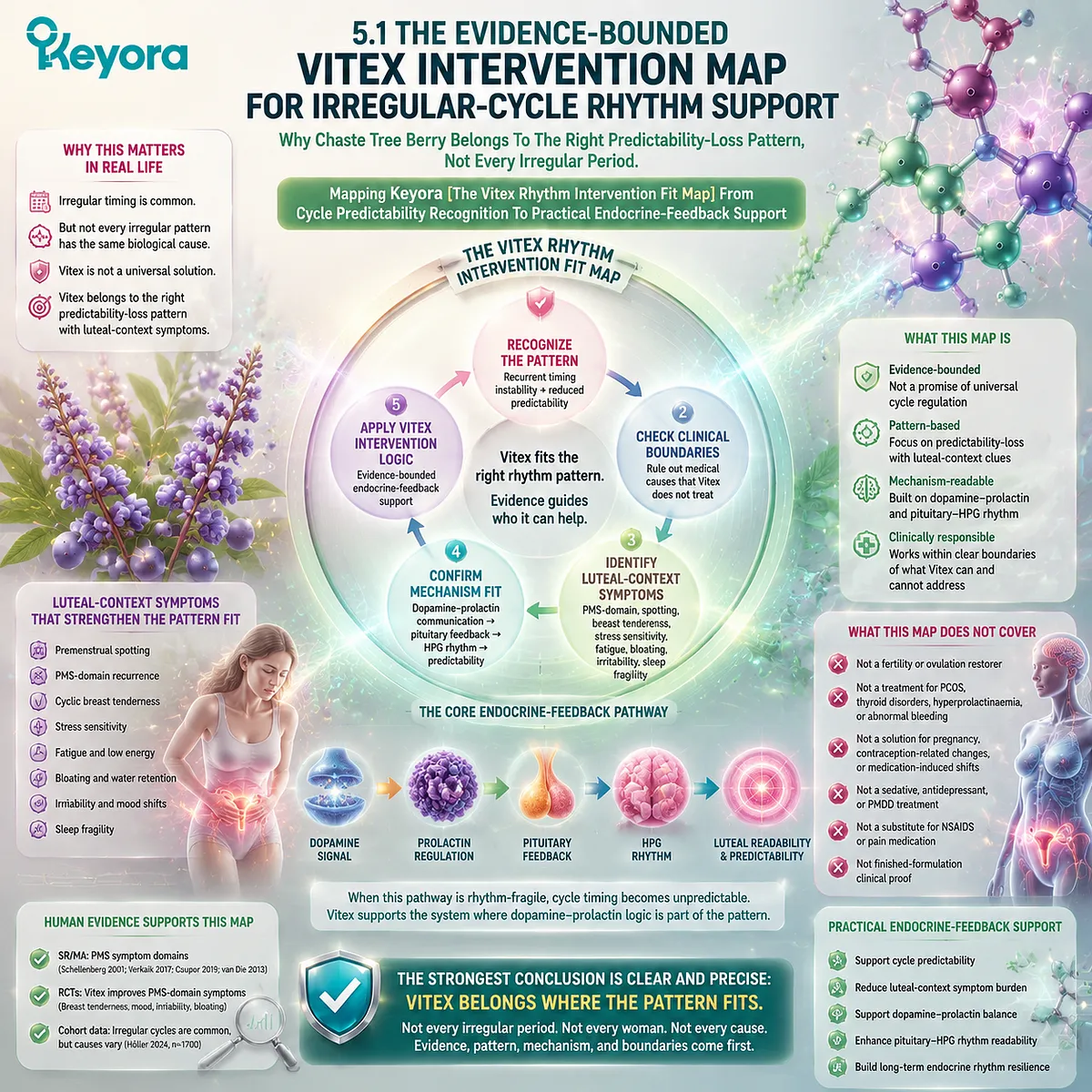 Irregular cycle rhythm support connects Vitex, dopamine-prolactin communication, HPG rhythm, and cycle predictability through Keyora Female Chrono-Nutrition Vitex Rhythm Intervention Fit Map. Irregular cycle rhythm support connects Vitex, dopamine-prolactin communication, HPG rhythm, and cycle predictability through Keyora Female Chrono-Nutrition Vitex Rhythm Intervention Fit Map.