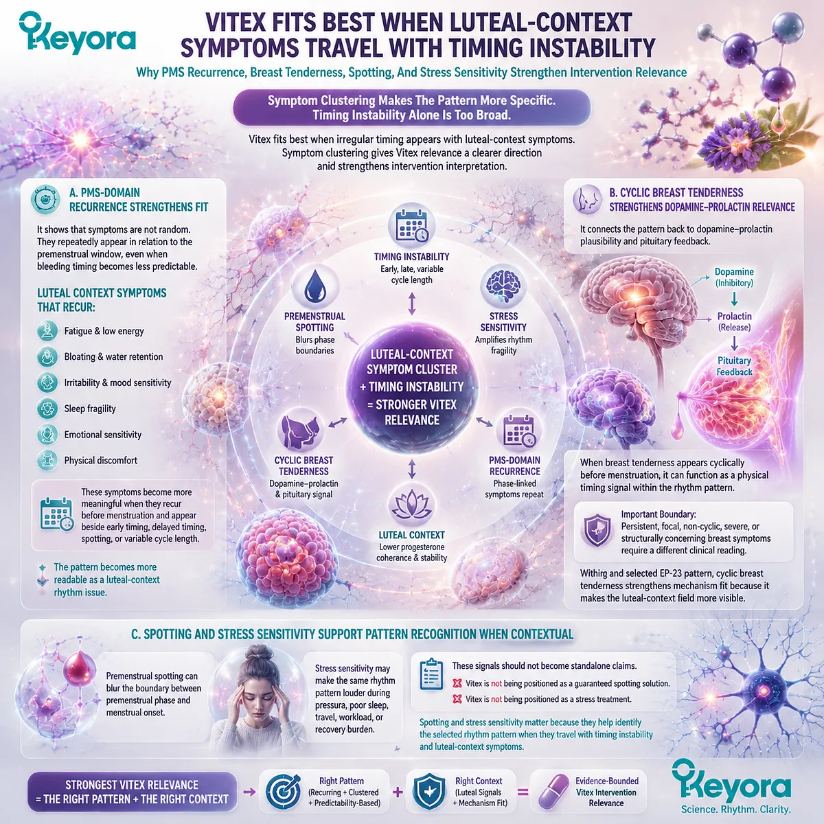 Vitex irregular cycle support connects PMS recurrence, breast tenderness, spotting, stress sensitivity, and dopamine-prolactin communication through Keyora Cycle Rhythm Support Boundary. Vitex irregular cycle support connects PMS recurrence, breast tenderness, spotting, stress sensitivity, and dopamine-prolactin communication through Keyora Cycle Rhythm Support Boundary.