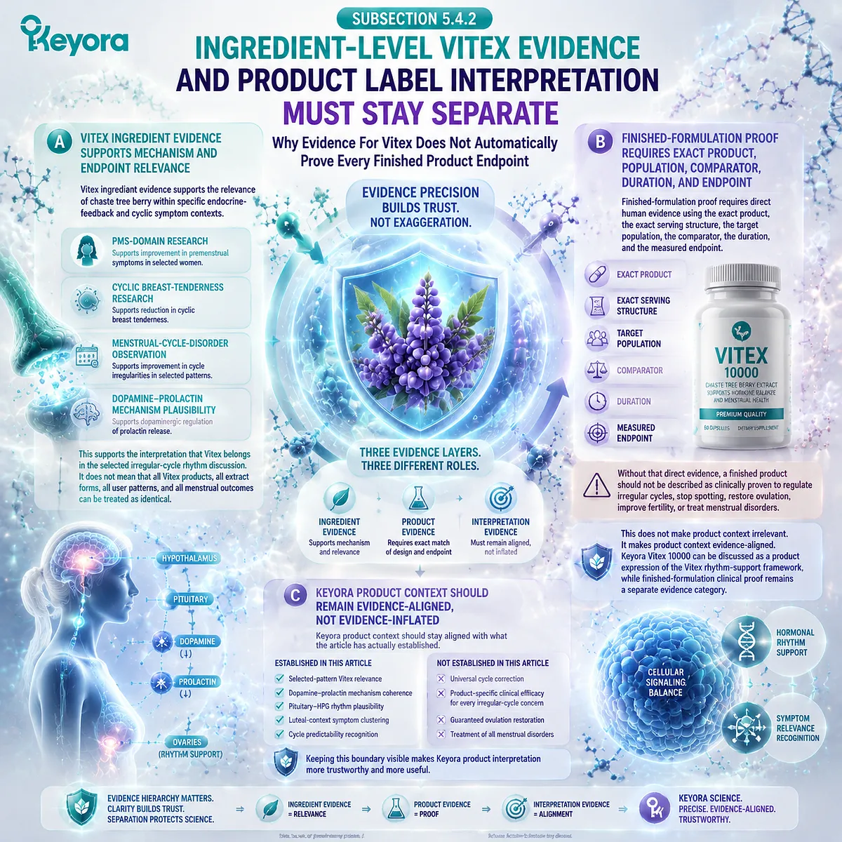 Vitex evidence interpretation separates ingredient research from finished product claims through dopamine-prolactin mechanisms, HPG rhythm, and Keyora Vitex Rhythm Intervention Fit Map. Vitex evidence interpretation separates ingredient research from finished product claims through dopamine-prolactin mechanisms, HPG rhythm, and Keyora Vitex Rhythm Intervention Fit Map.